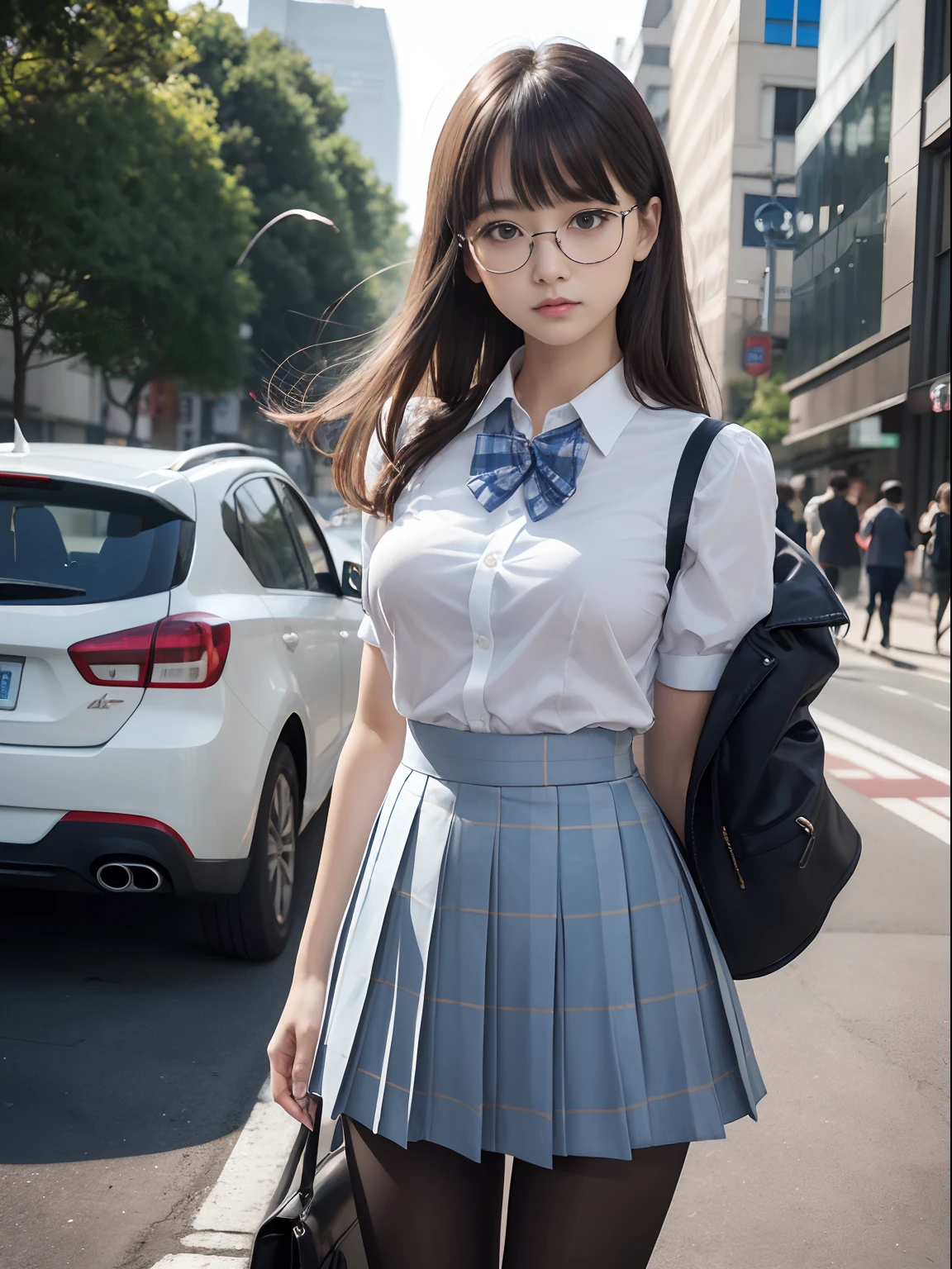 (Medium Hair),(Underwear is visible),(8K、Raw photography、top-quality、masterpiece:1.2),((small tits))、((small tits))、((small tits))、((small tits))、((small tits))、((A-cup))、((A-cup))、((A-cup))、((A-cup))、((A-cup))、Has a small、(flat breast)、(flat breast)、(flat breast)、(flat breast)、(flat breast)、(being thin)、Rasping,glamor,Chromo-white skin,cocky,School,watching at viewers,Looking at the front,Muchimuchi,High-pitched clothing,Erotic,Pupils,de pele branca,kne,((Black pantyhose)),absurderes,a small face,,Forehead visible,Bangs hanging from the left and right sides of the forehead,(a cold expression,Tight eyes,glares,Bullish,irate)、masterpiece,top-quality、超A high resolution,Raw photo,ren,Beautiful fece,One Person, 独奏,eye glass,,Dark look,Small breasts,fullllbody,Round glasses,JK school uniform,hi-school girl,A Japanese Lady,is standing,(Photorealsitic:1.37)、Photon mapping,Realistic、Beautie,Cute little face,Brown-eyed、Black socks、(Red bow tie)、Radio City、Physically Based Rendering、depth of fields、Blurry background、a picture,Body,beauty legs, Long legs, Thin leg,(Bangs are visible), hair, s lips, Blue_The eye, nosesoft,(Light blue shirt), (Navy and blue and white plaid pleated skirt), Knees are visible,Sheer clothing,, Thigh, Black cotton socks,Nogizaka Idol, 女優, Japanese ido