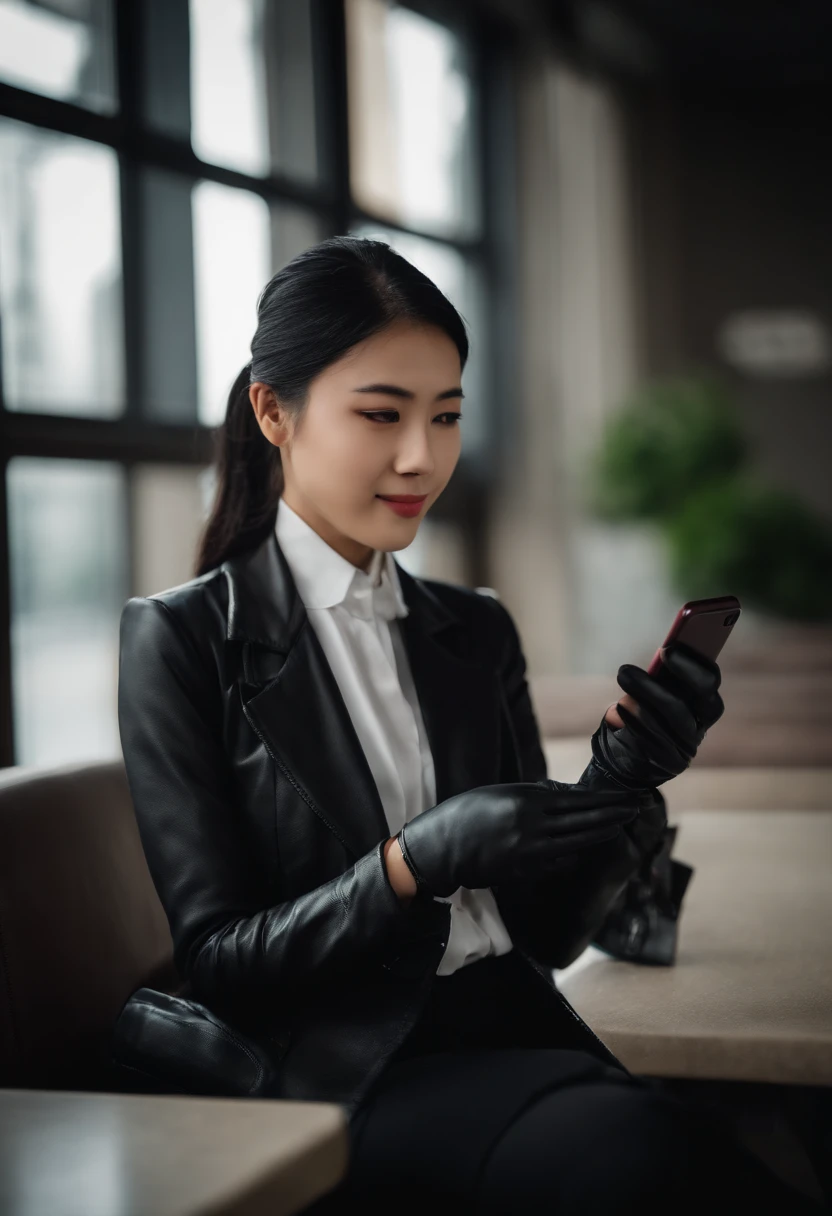 Black leather gloves in both hands, blazer and ribbon uniform, black hair ponytail, upper body, conversation with a smile with a black smartphone, cute Japanese girl (black leather gloves covering both hands) traveling alone
