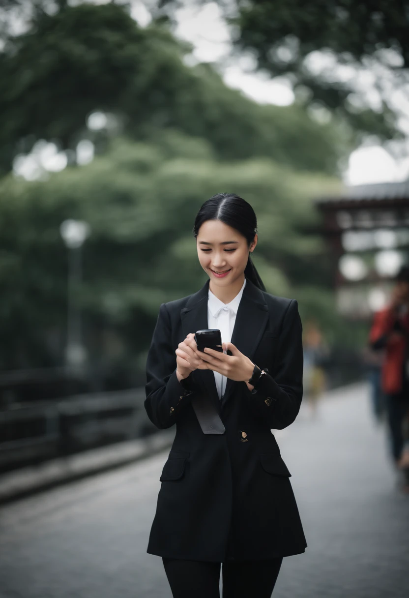 Black leather gloves in both hands, blazer and ribbon uniform, black hair ponytail, upper body, conversation with a smile with a black smartphone, cute Japanese girl (black leather gloves covering both hands) traveling alone