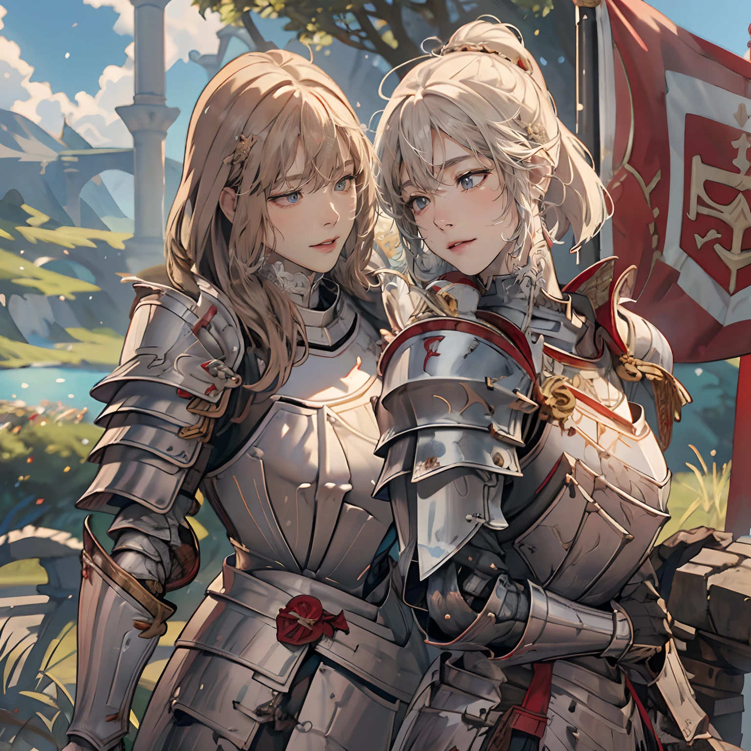 Women in Their 20s、two individuals、with round face、Round jaws、a close up of a woman in armor holding a sword, armor girl, Female knight, large full breasts、full armor, full armor, Gorgeous Female Paladin, Female knight, of a beautiful female knight, Beautiful armor, Plump、thick waist、Wide waist、full armor, s Armor、Gorgeous full-body armor, stunning armor, Trending on ArtStation pixiv, beautiful female knight、holding a greatsword、Great Sword of Steel、delighted expression、Looking here、Staring at me、by lake、White battle flags are lined up、A large army in the distance behind、Forest and mountains in the background、Black string、Black pattern