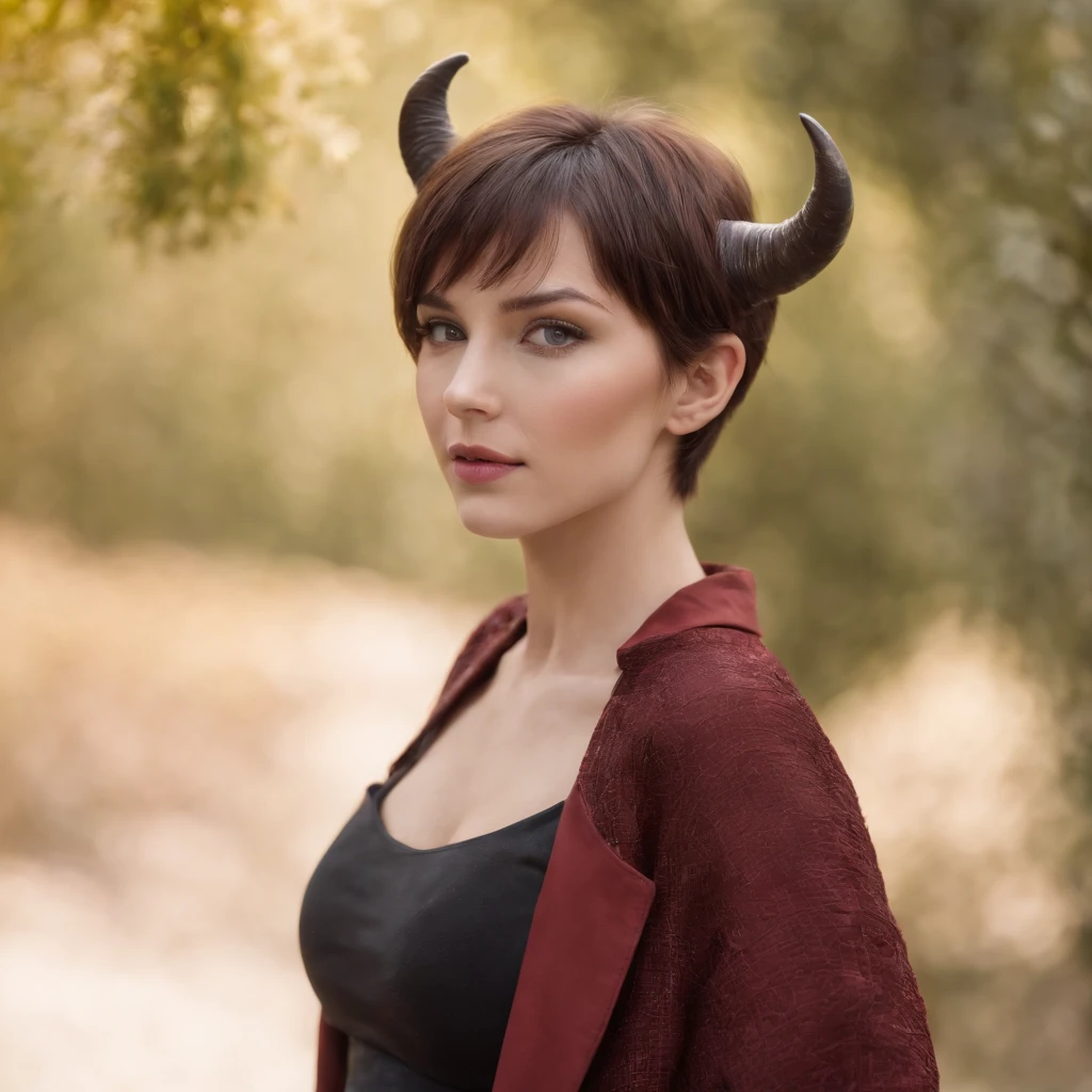 Lovely brown short hair.The eyes are black, The pupils are purple;.Brown fair skin, short white top and red jacket, Longer waist,Grey shorts and belt.On the head are black bull horns, And on them is a white chain with black crystals,The tail is black.