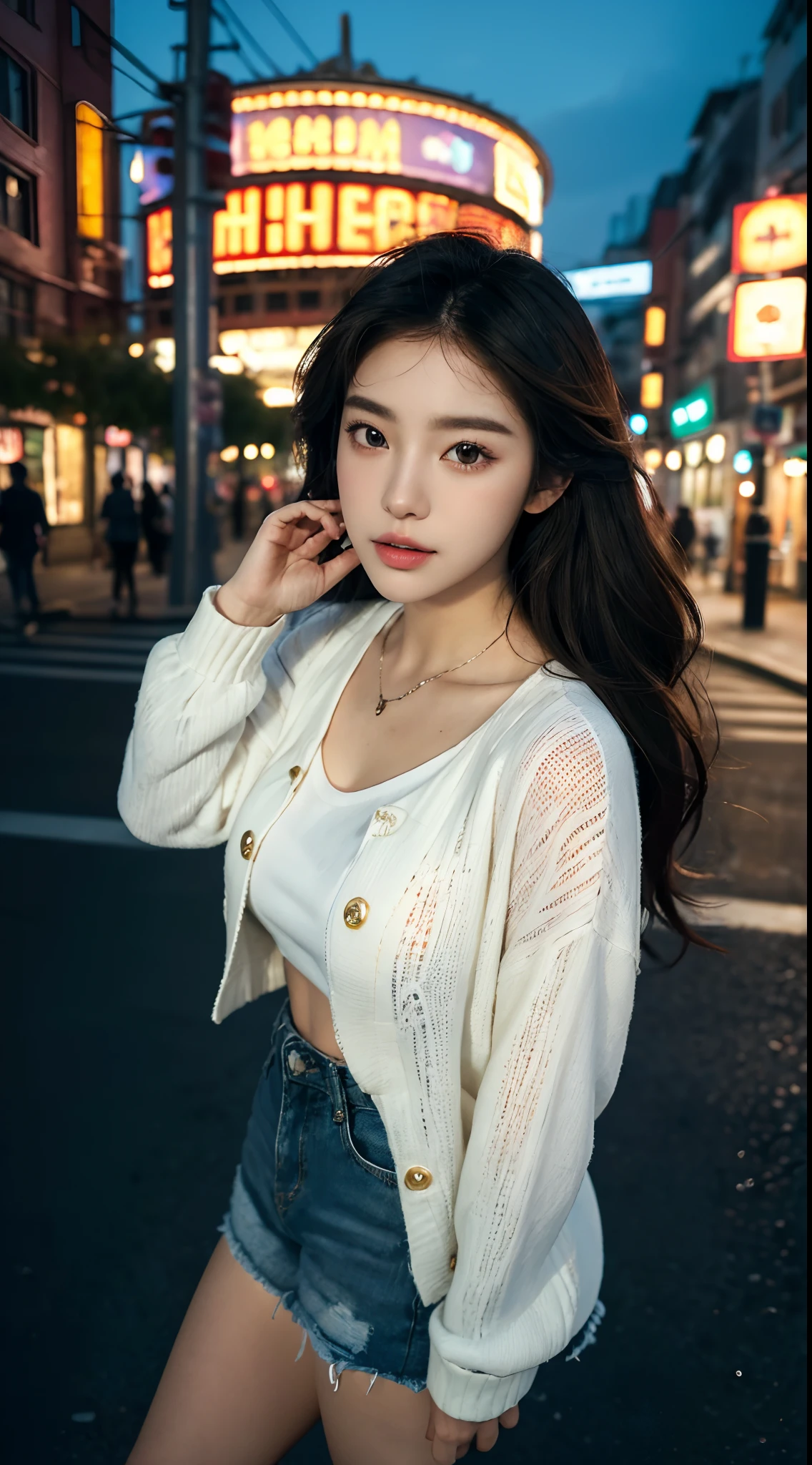 (Best quality,16k,A high resolution,Masterpiece:1.2),Ultra-detailed,(Realistic,Photorealistic,photo-realistic:1.37),Korean fashion beauty,Japanese and Korean beauties,cute and innocent,Detailed eyes and face,beautiful detailed lips,White teeth,Long eyelashes,slimification,fashionable in dressing,Shorts short skirt,Plump upper circumference,Large breasts,(Lovely,Charming:1.1),Colorful street background,Stylish clothes and accessories,The fabric of the clothes is smooth,Portrait style photography,Vivid colors,Street lights.