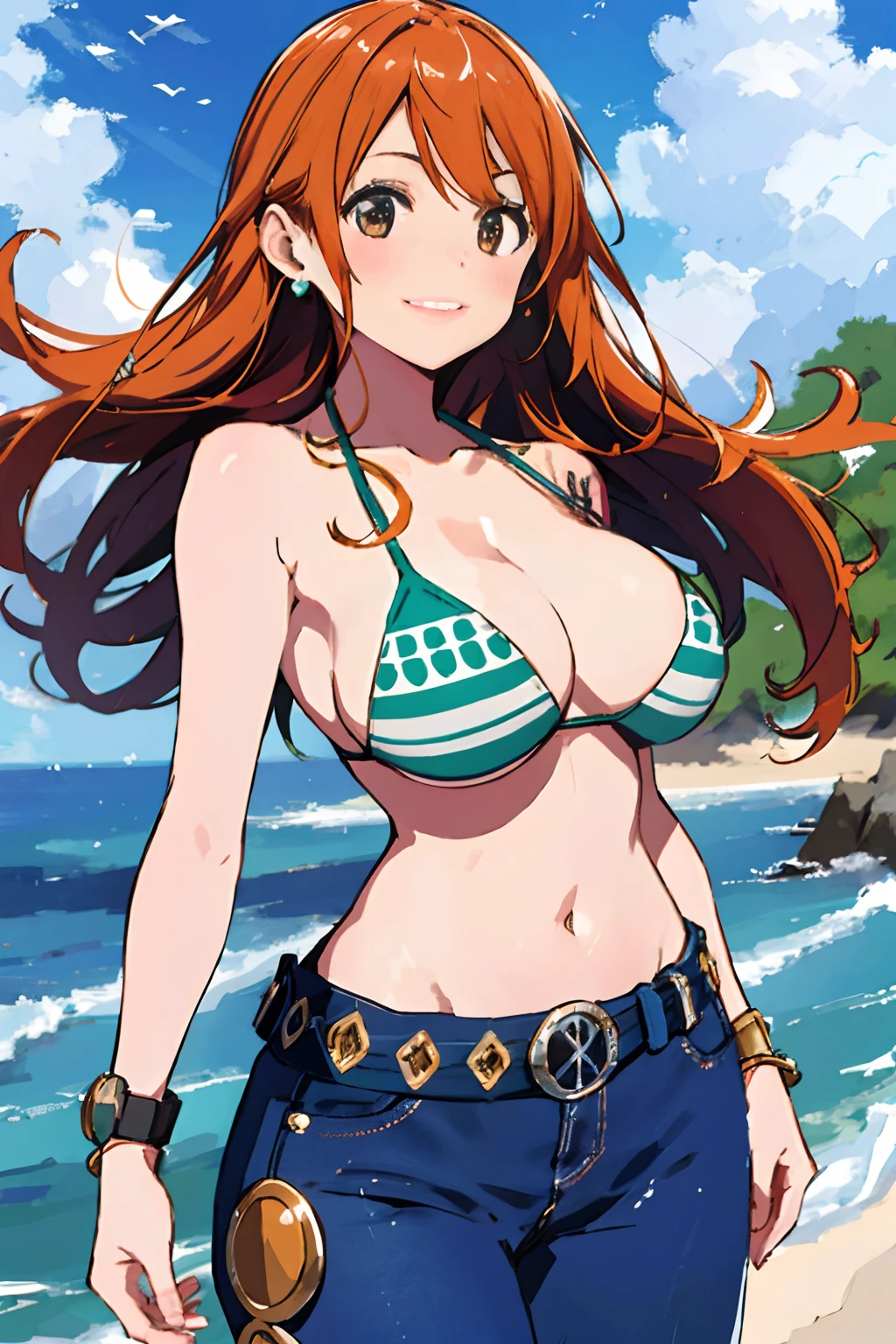 detailed background, masterpiece, best quality, 1girl, solo, nami \(one piece\), 1girl, bangle, bangs, bare shoulders, belt, bikini, bikini top only, blue sky, bracelet, breasts, brown eyes, bubble, cleavage, cloud, cowboy shot, day, denim, earrings, floating hair, green belt, green bikini, groin, jeans, jewelry, large breasts, log pose, long hair, looking at viewer, navel, orange hair, pants, shoulder tattoo, sidelocks, sky, smile, solo, standing, stomach, swimsuit, tattoo , looking at viewer