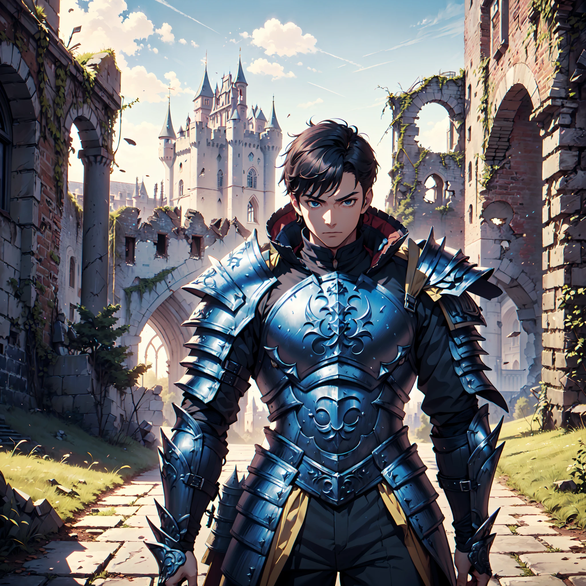 128K Resolution,
Ultra High Definition,
Best Quality,
Hyper Detailed,
Precisely Designed,
Masterpiece,
Anime,
Body Shot,
1 Boy,
Handsome,
Short Hair,
(((Hyper Detailed Armor Plates))),
(((Hyper Detailed Undershirt))),
(((Hyper Detailed Baron Armor))),
(((Castle Ruins Background Scenery))),
