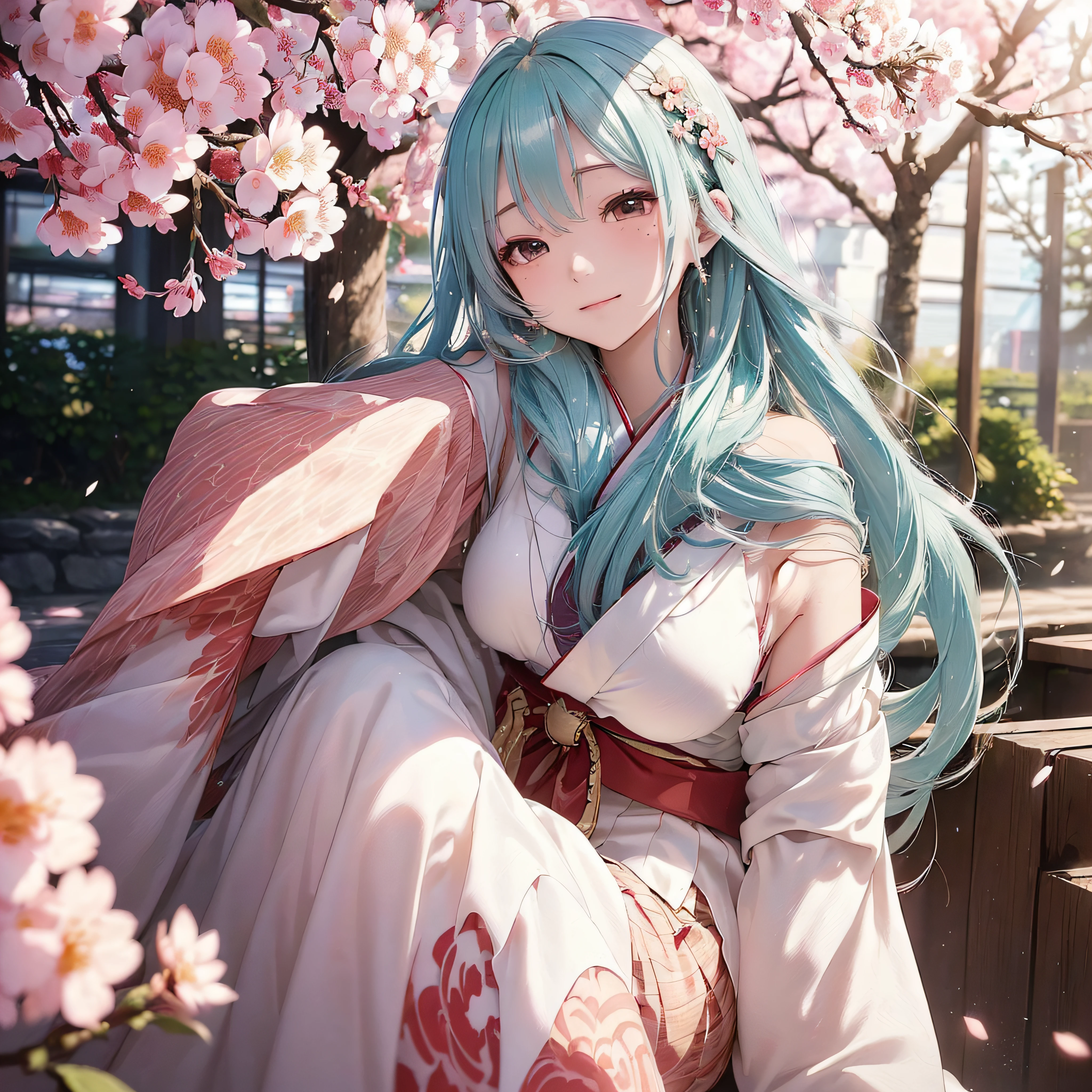 (masutepiece, Daylight portrait:1.3), (The enchanting image of Hatsune Miku under the cherry blossoms:1.2), (Sony A6400 Camera, Known for fast autofocus and detail preservation:1.2), (Paired with Sony E 50mm f/1.8 US lenses，Captures clear and detailed portraits:1.2), (long, Smooth brunette hair is smoothly layered, intricate detailes:1.1), (Fine hair glitters in the light:1.1), (Symmetrical face is decorated with professional makeup:1.1), (The delicate figure of the traditional kimono of the Japan:1.1), (Shiny hair catches the sun，rejuvenate:1.1), (A charming smile exudes real warmth:1.1), (Vivid cherry blossoms paint a tranquil landscape:1.1), (Quiet park environment, Vivid with spring colors:1.1), (The sensor of the camera is、Capture the meticulous intricacies of her facial features and attire:1.1), (The camera focuses on her smile, Capture its natural charm:1.1), (Freeze instantly in time, Embodying youth and natural beauty:1.1), (A harmonious blend of cultural elegance and pleasant authenticity:1.1), (Portrait of true happiness under the cherry:1.1)