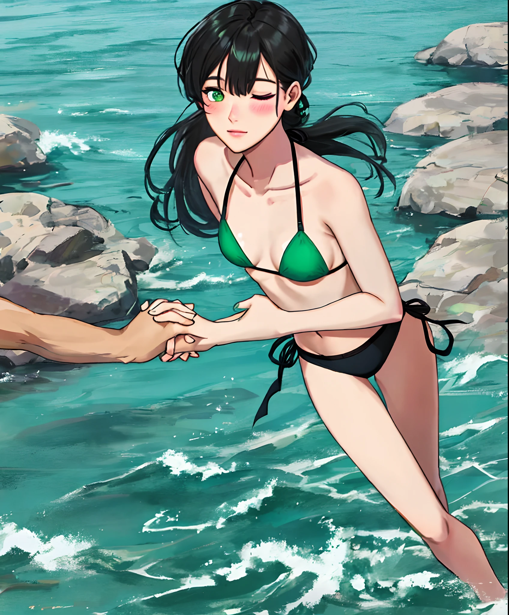 masterpiece, best quality, trap, yaoi, crossdressing, 3boys, male, real, over the sea, long hair, black hair, straight hair, hair over one eye, asymmetrical bangs, hair behind ear, cute face, heterochromia , heart-shaped pupils, blush, black eyes, green eyes, closed eyes, solid oval eyes, small breasts, breasts out, no bra,  bikini top only , no_panties, bare legs, undressing, v, holding_hands, peace symbol ,