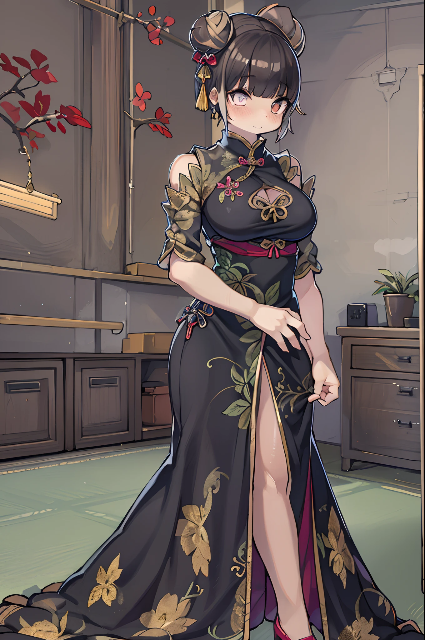 (Masterpiece), Best Quality, ultra-detailed, 1girl (jessie pokemon, Big and pretty breasts, purple hair,   hair bun,blue eyes, half-closed eyes),a shallow face,  wicked smile, parted lips, facing viewer, looking at viewer, nose  blush, blush, head tilt, mascara, full makeup, glow lipstick, solo,opera dress, ornate dress, bows, long dress, in the livingroom, dark, dark light, standing, Sexy waist teasing,  , 