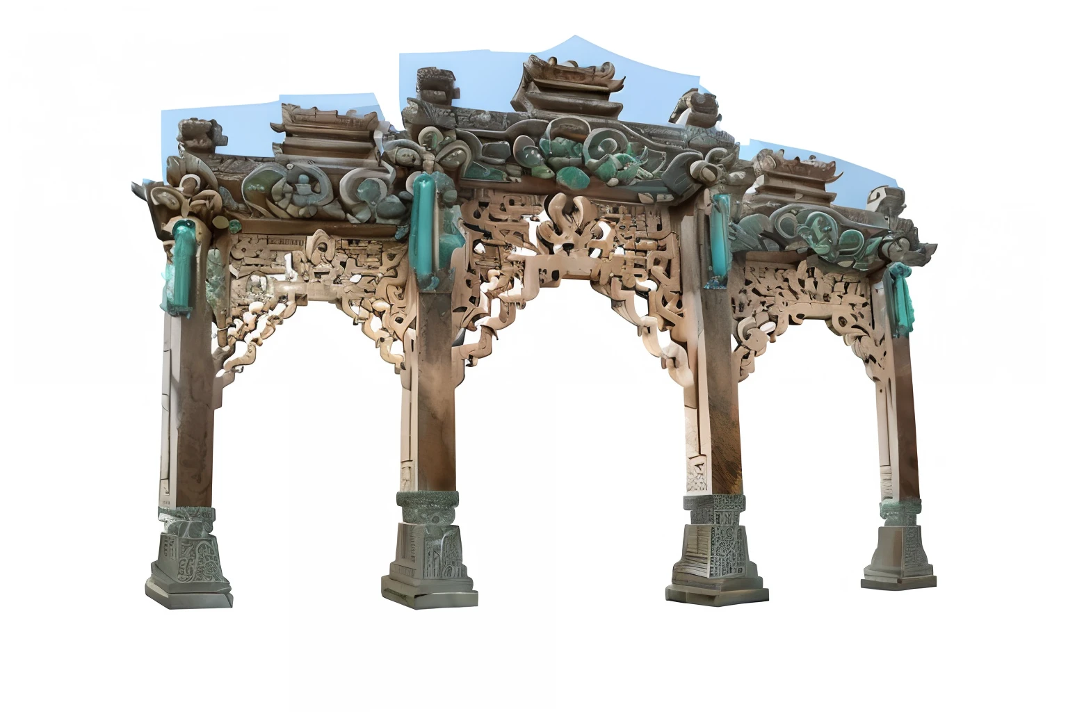 Chinese architecture,Torii,The engraving is clear,stone carvings,anaglyph,Exotic,The stonework,Bronze pattern,Openwork carving,Epic composition,Cinematic texture,CG animation,The engraving is clear,