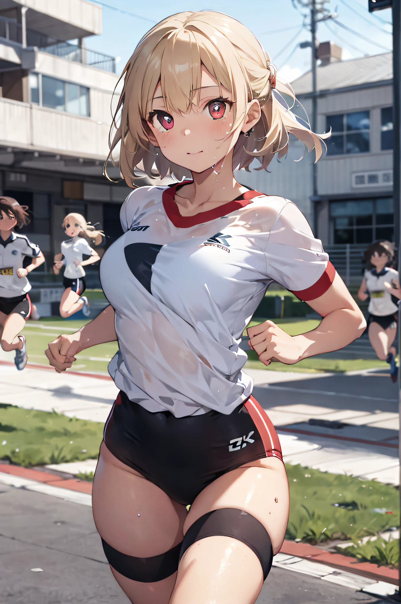 (top-quality、in 8K、32K、masterpiece、nffsw、超A high resolution、Impresionismo、Photorealsitic:1.2)、Angle from above、High angle、cowboy shot、foco nítido、detailed faces and eyes、school ground、athletic field、Evening glow、beauitful face、blurry backround、-yeld beiful girl、shinny skin、Sharp pupils、Realistic pupils、Full body, school ground、beauitful face、blurry backround、18 year old beautiful girl、shinny skin、short-hair、Platinum blonde beautiful hair、Red Eyes、(Athletics Costumes、Running:1.3)、thighs thighs thighs thighs、Curve、Dynamic Poses、Navel Ejection、wetted skin、wetting hair、Powerful composition