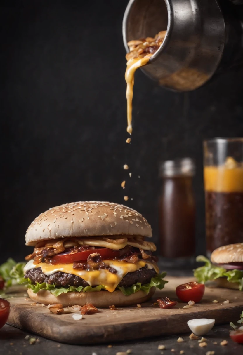 A burger falling in pieces juicy, tasty, hot, promotional photo, intricate details, hdr, cinematic, adobe lightroom, highly detailed