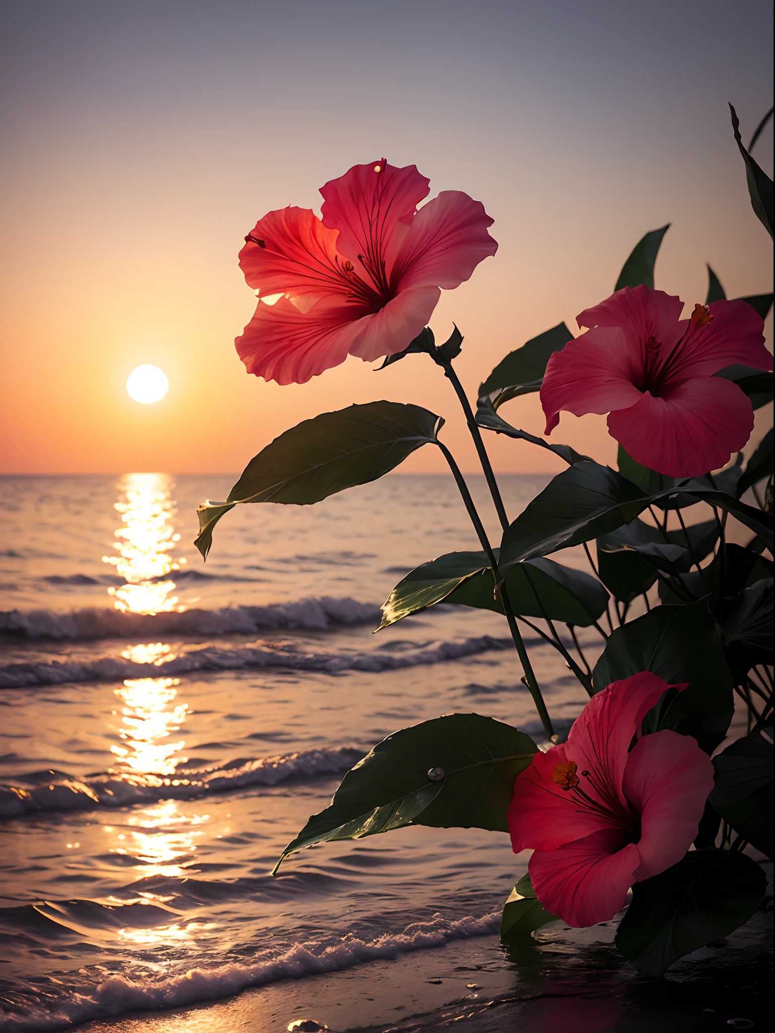 hibiscus Moon with water drops,neonlight,Random background,the sunset,bokha mood