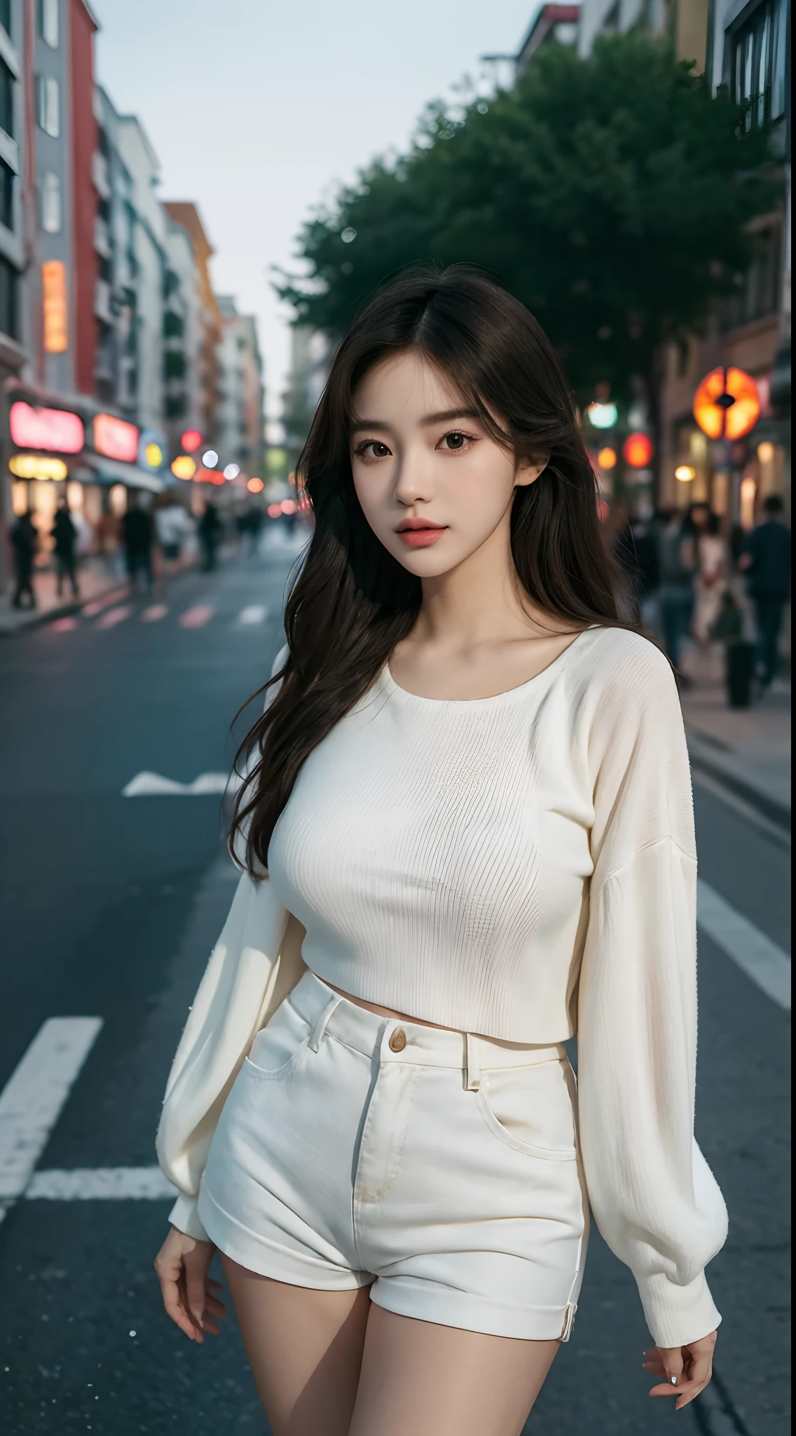 (best quality,16,000,high resolution,masterpiece:1.2),very detailed,(realistic,realistic,realistic:1.37),Korean Fashion Beauty,Japanese and Korean beauties,Cute and innocent,Eyes and face are detailed,beautiful and delicate lips,white teeth,long eyelashes,slime,The clothes are fashionable,shorts short skirts,plump upper circumference,big bust,split,(Beloved,sexy:1.1),colorful street background,stylish clothes and accessories,The texture of the clothes is soft,portrait style photography,vivid colors,Street lamp.