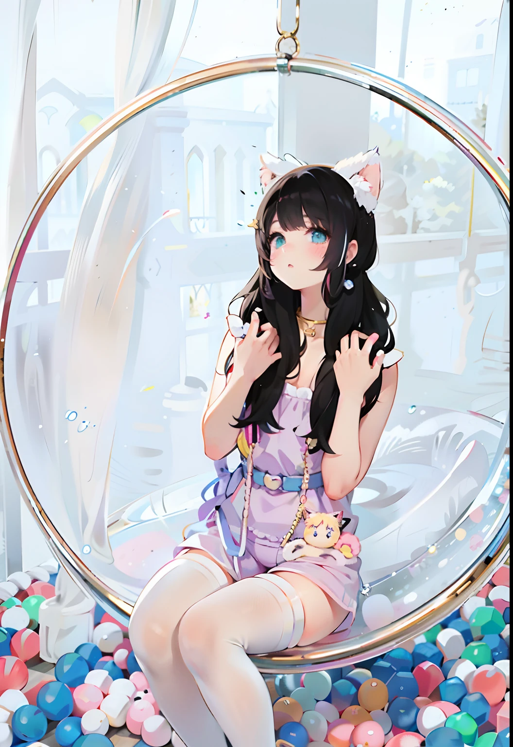 The Arapei girl sits on a bubble chair in the ball pit, very beautiful cute catgirl, Attractive cat girl, Ruan cute vtuber, beautiful young catgirl, Anime girl cosplay, Anime Thai girl, sakimichan, belle delphine, ultrarealistic sweet bunny girl, baggy purple overall shorts, ulzzangs, anime girl with cat ears