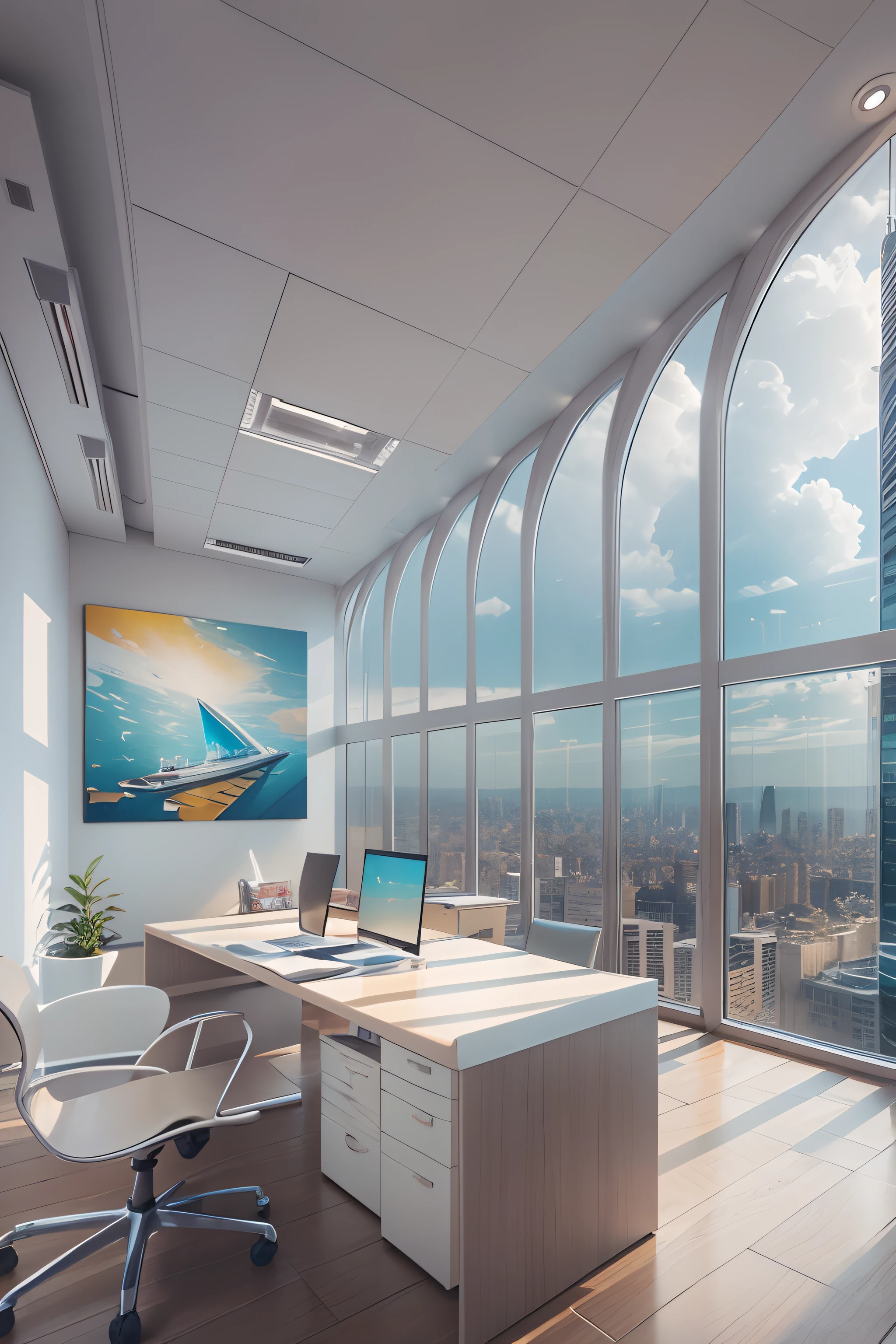 office room,There is a wall in the middle of the office,The painting on the wall is in the middle, Paintings on the walls, skyscape, Large airy windows, Zaha Hadid and Santiago Calatrava landscape panoramic style, Fish, Clear light, Edge lighting, Perfect image, Building summary style, 16k UE5. superfine, 8K, hdr, Product photography, Depth of field, Nikon D850, Ultra-realistic, no contrast, clean sharp focus, professional, No blurring