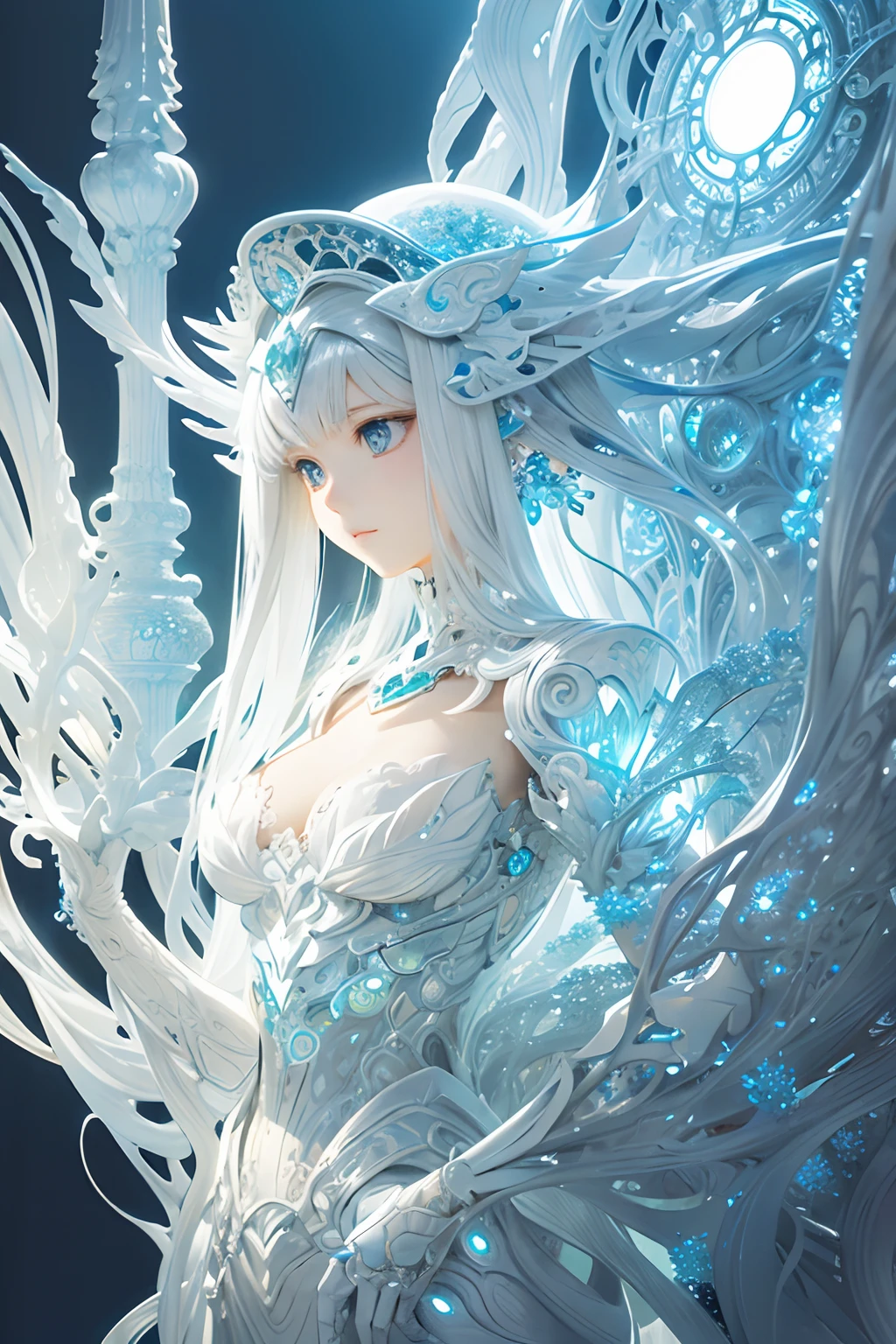 Organic cyborg, white plastic, diffused lighting, Fantasy, Intricate, elegant, Highly detailed, artist Yoshitaka Amano