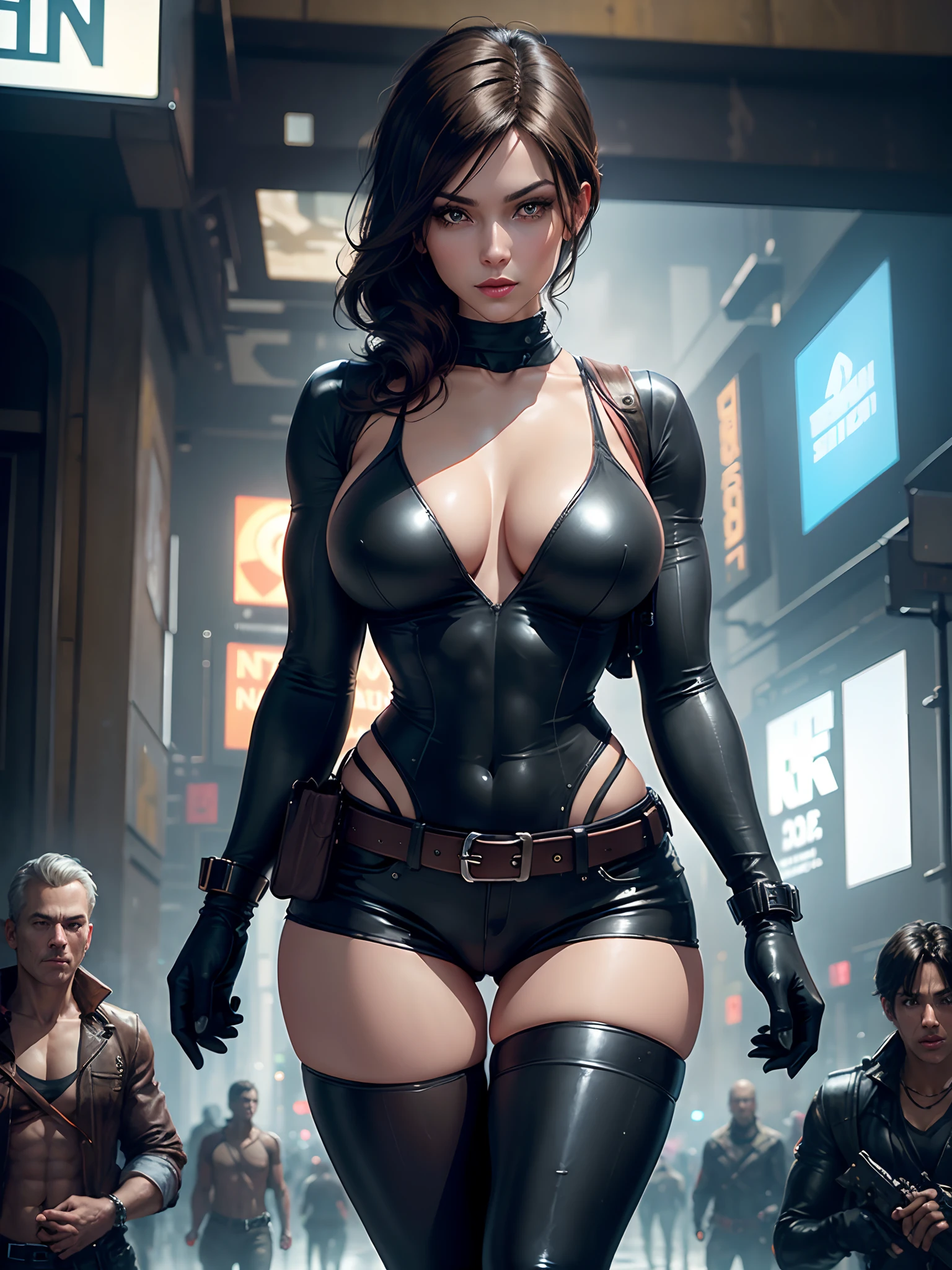 (New York: 1.3), (time square), (master piece,
best quality: 1.2)(zombies in the background: 1.2), Alice resident evil, 1 girl, only, long hair, breasts, smile, big breasts, brown hair, blue eyes, vest, big hair, blonde hair,
light hair, parted lips, Attire, Two-tone hair, open jacket, outlined lips, Black bodysuit, covered navel, makeup, muscular, headband, Abs, tight skin, tight black clothes, muscular female, dyed bangs,
black bodysuit, full bodysuit, (leather shorts and belt: 1.5), technological weapon, Looking at Viewer, (average breasts: 1.3),
(hanging breasts: 1.3), (full breasts: 1.3), (realism: 1.5), (Realisitc: 1.4), (Absurdity: 1.4), 8k, ultra-detailed, Detailed beautiful woman, (only: 1.4), 1girl, (Viewer facing:1.2),
