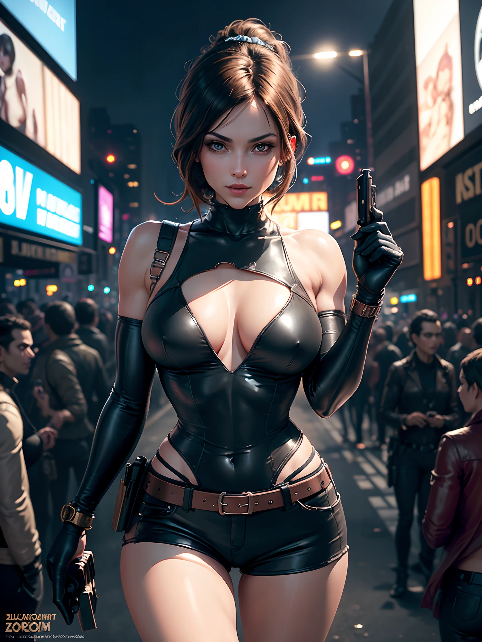 (New York: 1.3), (time square), (master piece,
best quality: 1.2)(zombies in the background: 1.2), Alice resident evil, 1 girl, only, long hair, breasts, smile, big breasts, brown hair, blue eyes, vest, big hair, blonde hair,
light hair, parted lips, Attire, Two-tone hair, open jacket, outlined lips, Black bodysuit, covered navel, makeup, muscular, headband, Abs, tight skin, tight black clothes, muscular female, dyed bangs,
black bodysuit, full bodysuit, (leather shorts and belt: 1.5), technological weapon, Looking at Viewer, (average breasts: 1.3),
(hanging breasts: 1.3), (full breasts: 1.3), (realism: 1.5), (Realisitc: 1.4), (Absurdity: 1.4), 8k, ultra-detailed, Detailed beautiful woman, (only: 1.4), 1girl, (Viewer facing:1.2),