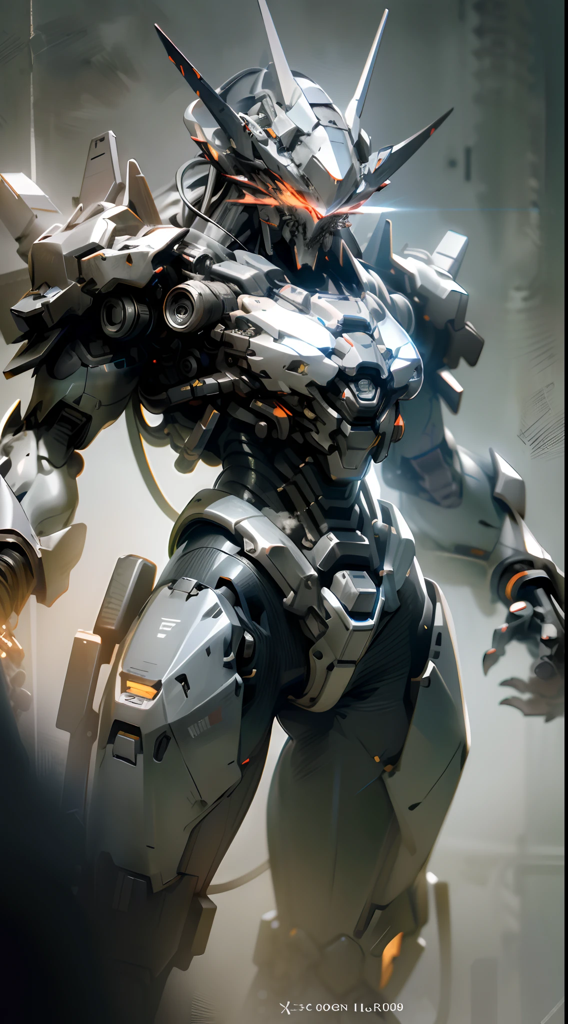 (Best quality,Ultra-detailed,Realistic:1.37),Black and white mech,Dragon helmet,Claw weapons,Heavy armor,Mechanical details,Shiny metal surface,Red glowing eyes,Ominous atmosphere,scifi concept art,High-contrast colors,Sharp shadows,Dramatic lighting