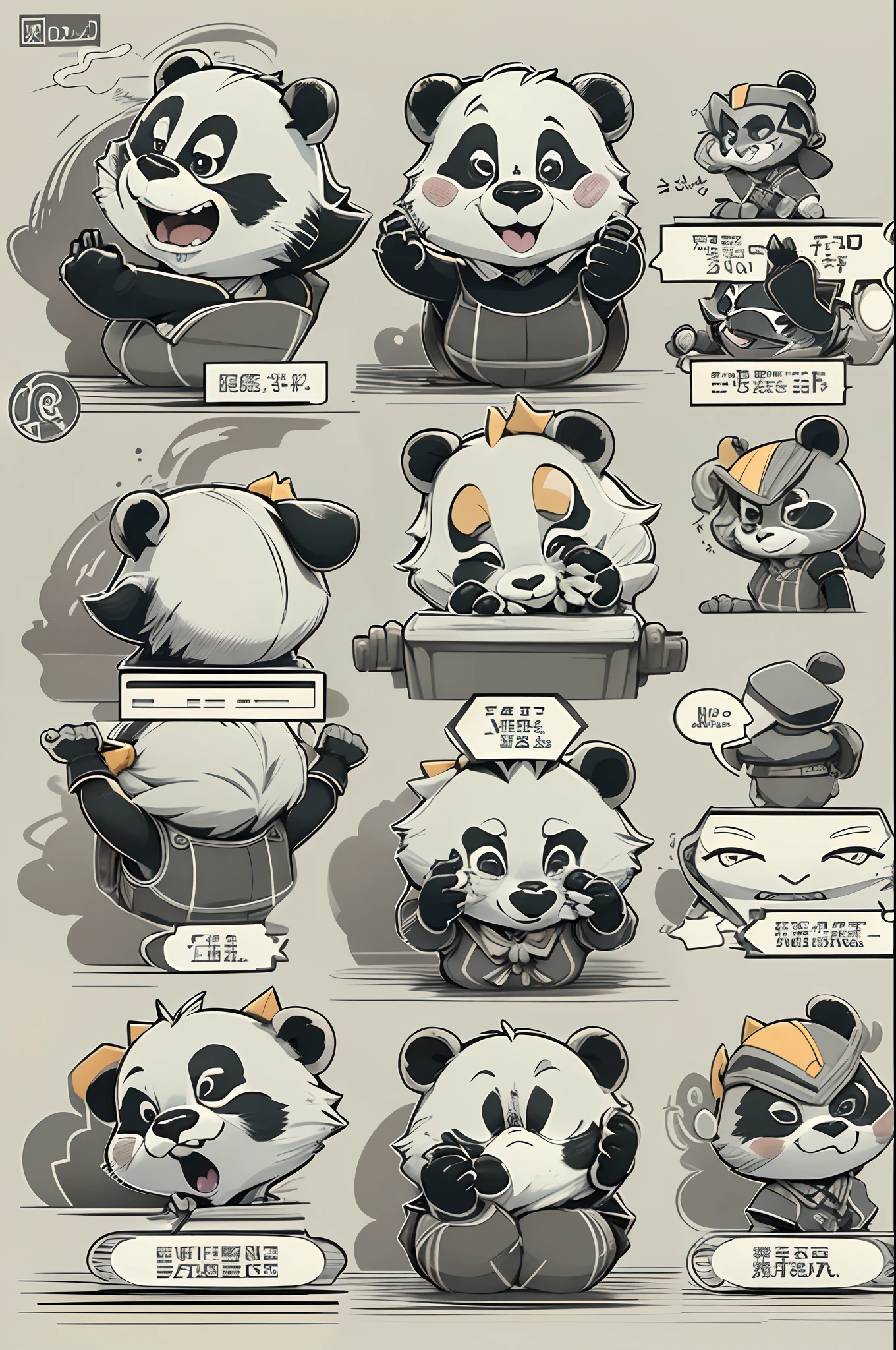 Panda avatar，Emoji pack，We look forward to having you participate in Dconrt NyTwoTwotoosersesoteos (9 emojis，emoj (beret) gauges，Align arrangement)，9 poses and expressions (grieves，astonishment，having fun，exhilarated，big laughter，Mild anger，doubt，Touch your head，Sell moe，wait) ，Anthropomorphic style，Disney style，Black stroke，differentemotions，9 poses and expressions，8K