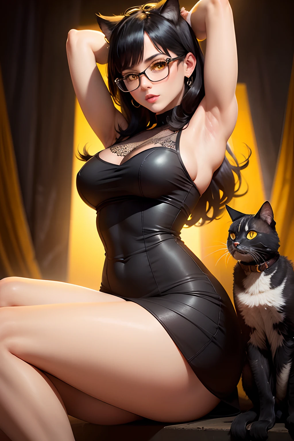 1 milf, Big legs, armpits, shorts dress, black hair, ear cats, yellow eyes, glasses, white dress.