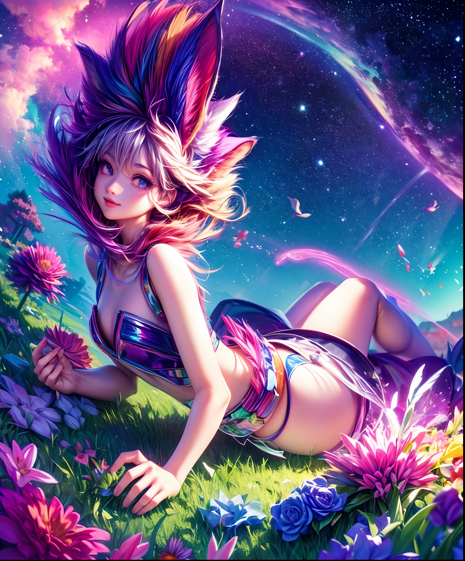 Describe a scene where a cute girl character is lying on a grassy hill, Looking up at the starry sky. Surround her with colorful nebulae and her favorite constellations.