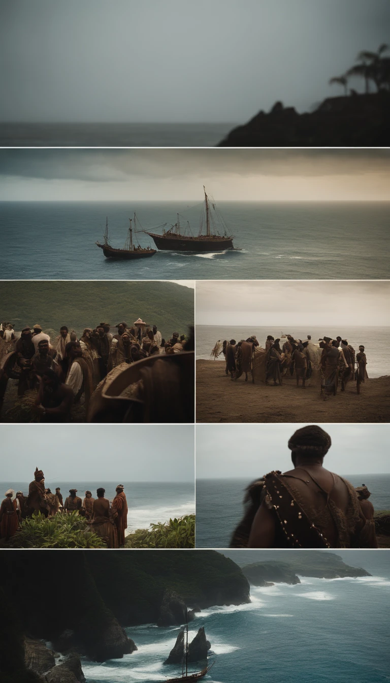 Image of Cabral's crew sighting the Brazilian coast on April 22, 1500, com o navio se aproximando da 'Ilha de Vera Cruz'.