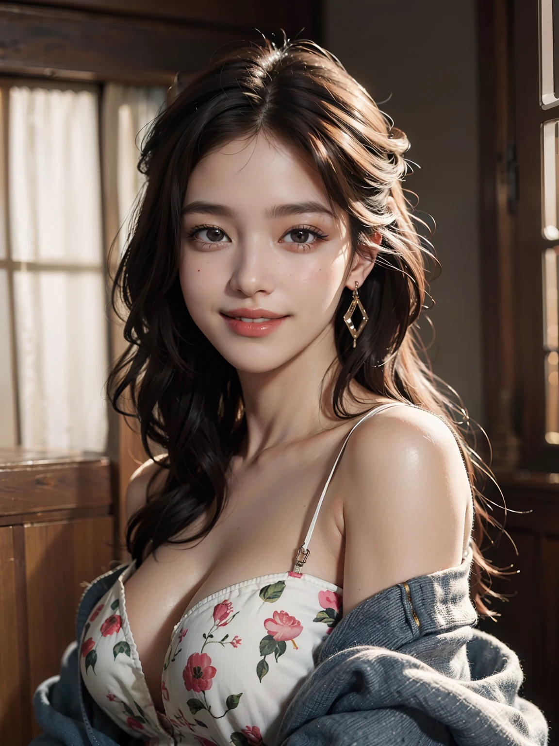 best quality, masterpiece, ultra high res, photorealistic, 1girl, offshoulder, smile