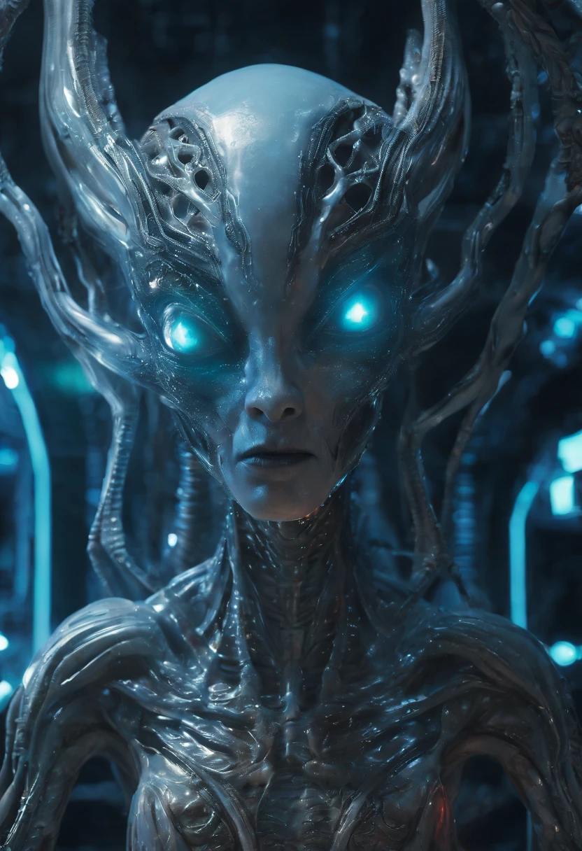 FantChar, A translucent ethereal alien with delicate facial features in a sci-fi setting, glowing from within, Sparks and lights, moon light, luna, a closeup of a, Realistic, Highly detailed, Intricate
