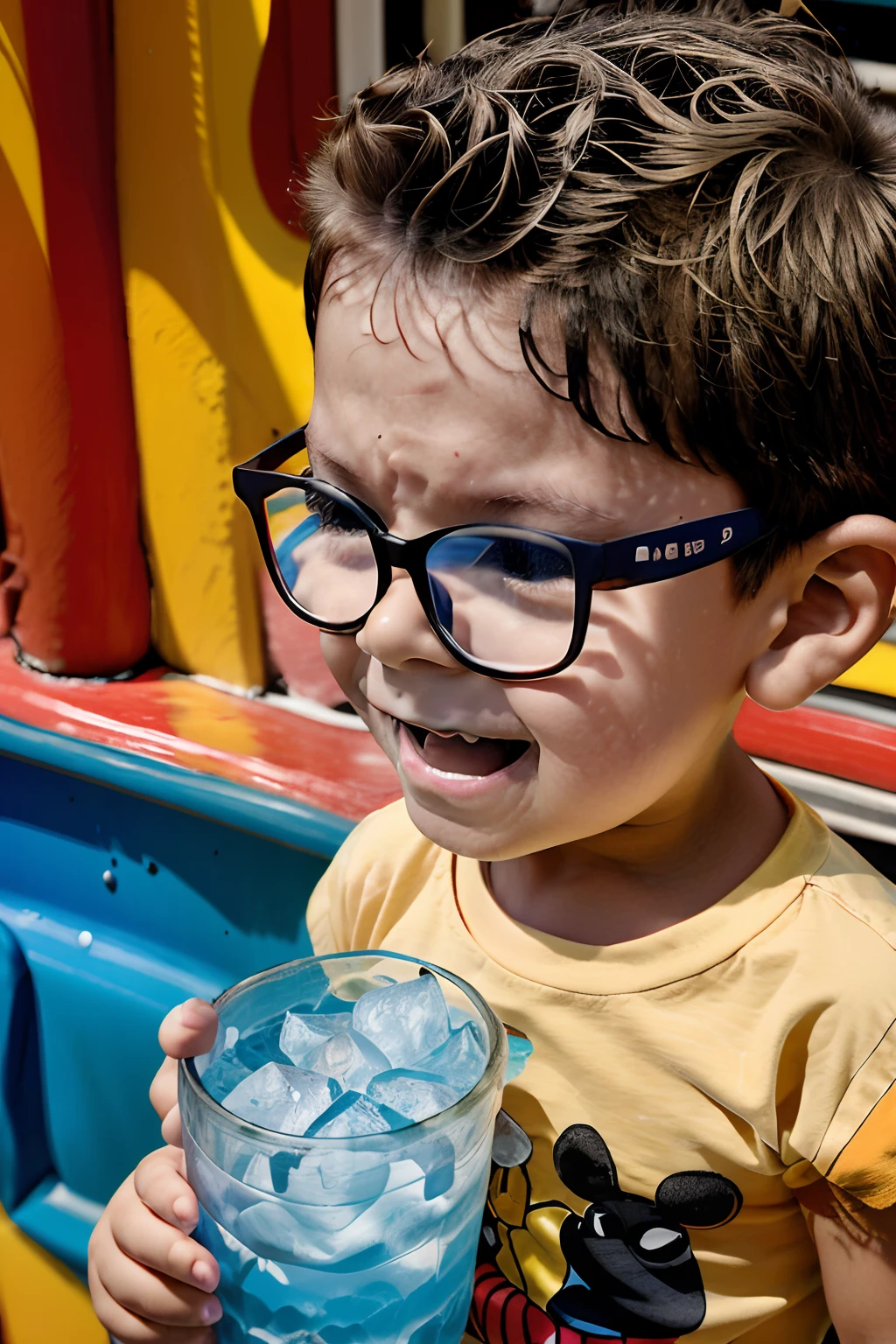 Create a cartoon-style image of a 3--old  wearing glasses and summer clothes who is feeling extremely hot. He has a fan and cups of ice in front of him to cool down. Use bright and cheerful colors for an engaging composition. Artists related to this style: Disney, Cartoon Network, Pixar.