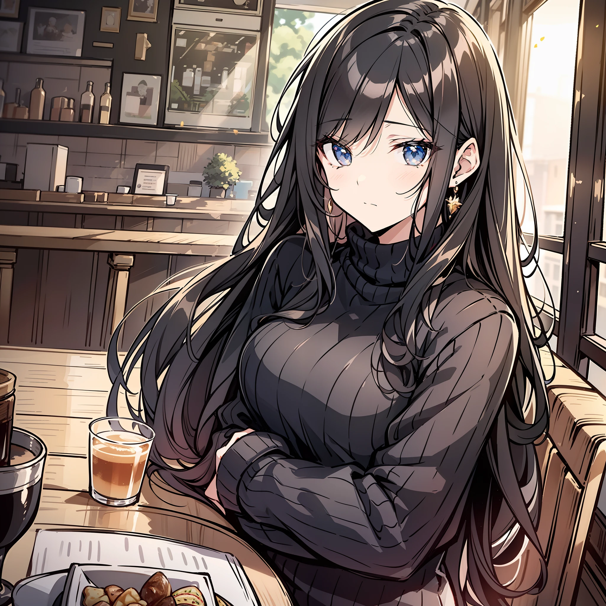 A beauty with long black hair，wearing a black sweater，Sit at a table in an upscale café（Indifferent expression 1.5）（The background is in an upscale café：1.5），Anime style 4K，Anime rendering，style of anime，8K fineness，（Upper body display：1.5）（Cinematic lighting：1.5）Middle-aged woman 1.5