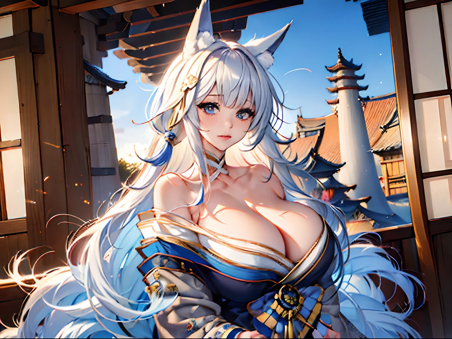 White hair、{{Big breasts that just can't be torn off}}、inside in room、soio、The upper part of the body、{{{Shinano(azur lane)}}}、Fox ears、traditional Japanese room、Fox tail