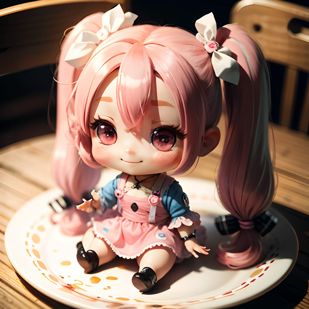 Cute chibi anime sitting on a plate, long pink hair with twin tails、Wear a blue mini dress, Smiling, Logo is cheap