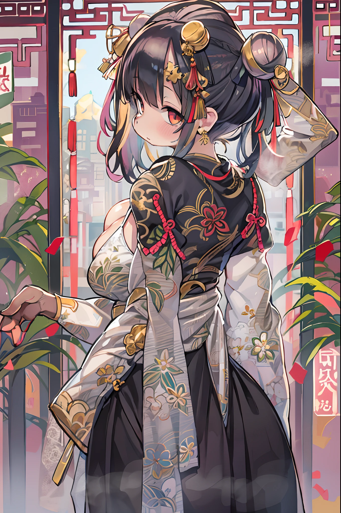Best Quality, masutepiece, hight resolution,1girl in, china hanfu,Background of Chinese Architect,Chinese Bang Black Shorthair,Bun cover,qipao dress, long-one-piece dress,Tight mini skirt, Gold Decoration Dresses, Sleeveless, super detailed dress,cleavage, cleavage cutout, Clothes Cutout,
