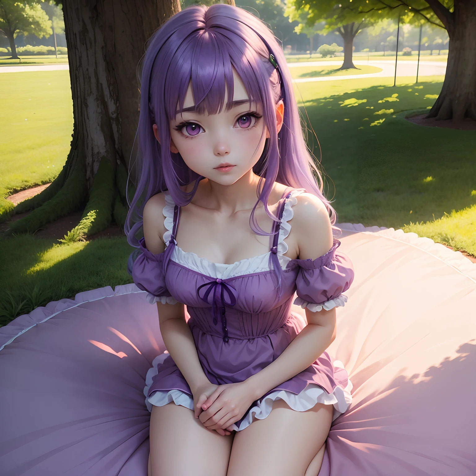 (high detail:1.2)anime girl ( Delicate bed colors) (soft-lighting) stands in the park, in summer, in a bugle's costume, Skinny, purple-blue hair, purple eyes;