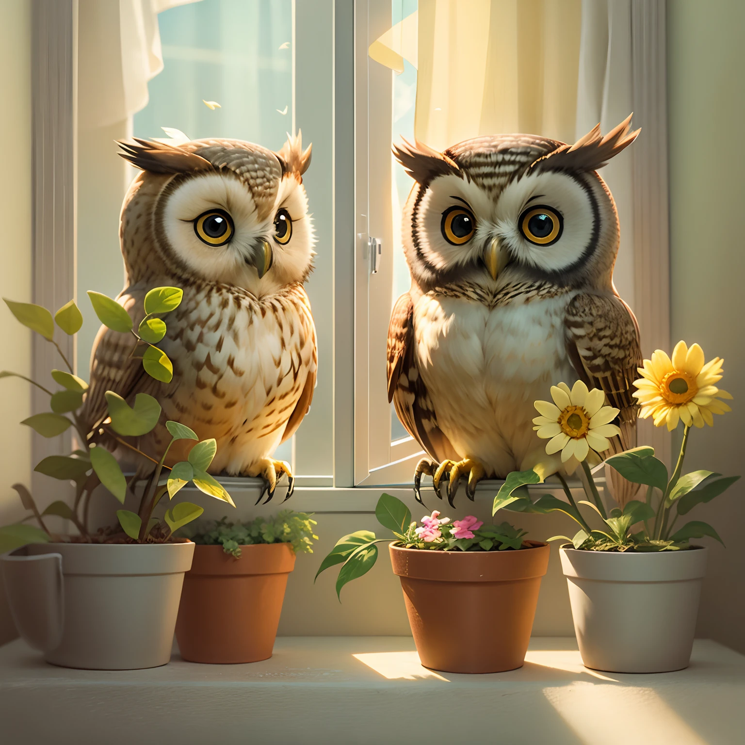Two owls, adolable, standing in front of the window,and the sun was shining brightly, flower pots.