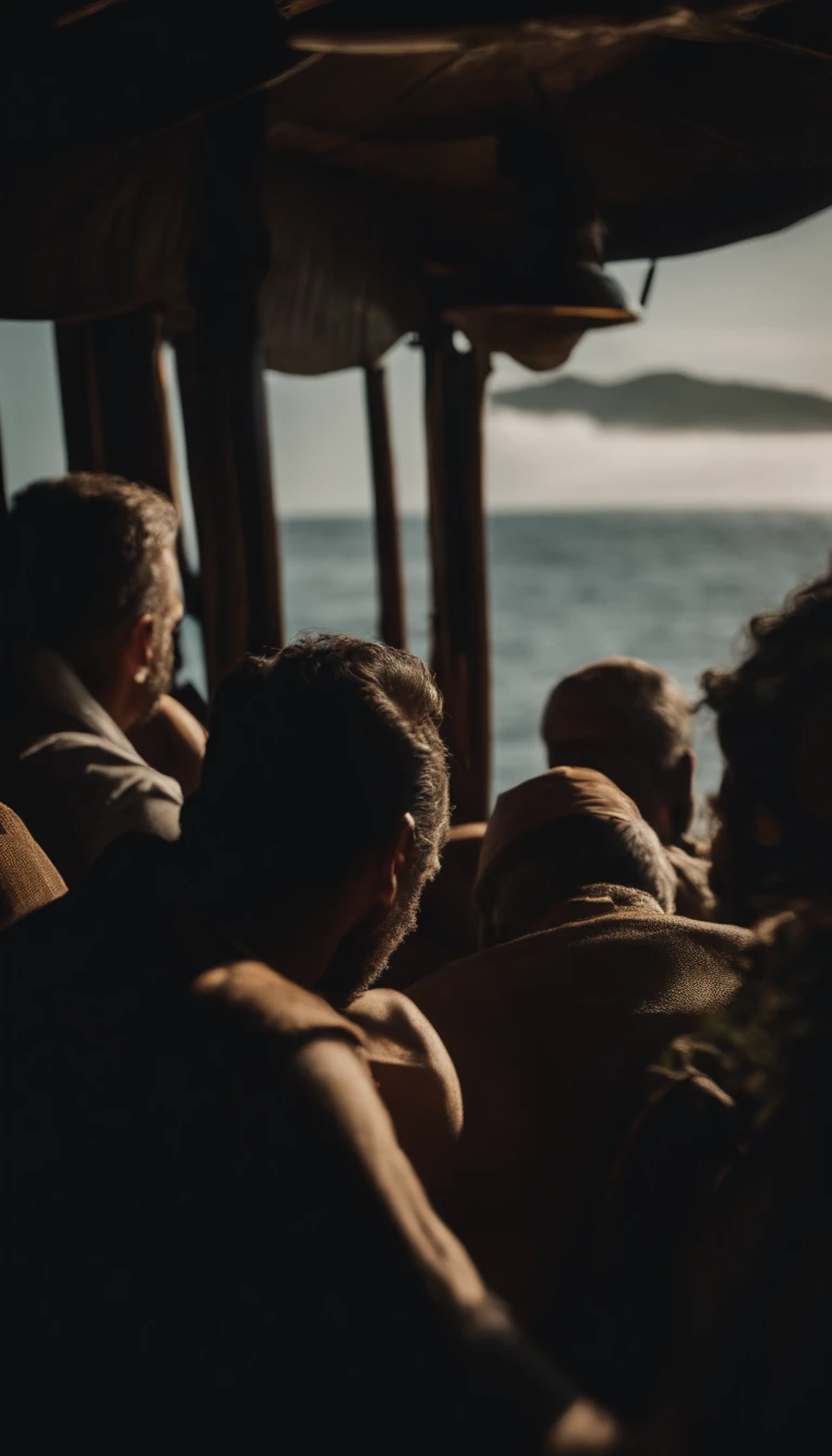 Homens em um navio avistando a ilha de vera cruz