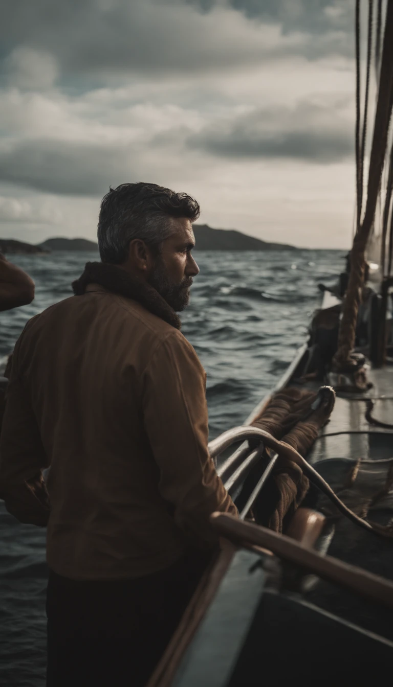 Homens em um navio avistando a ilha de vera cruz