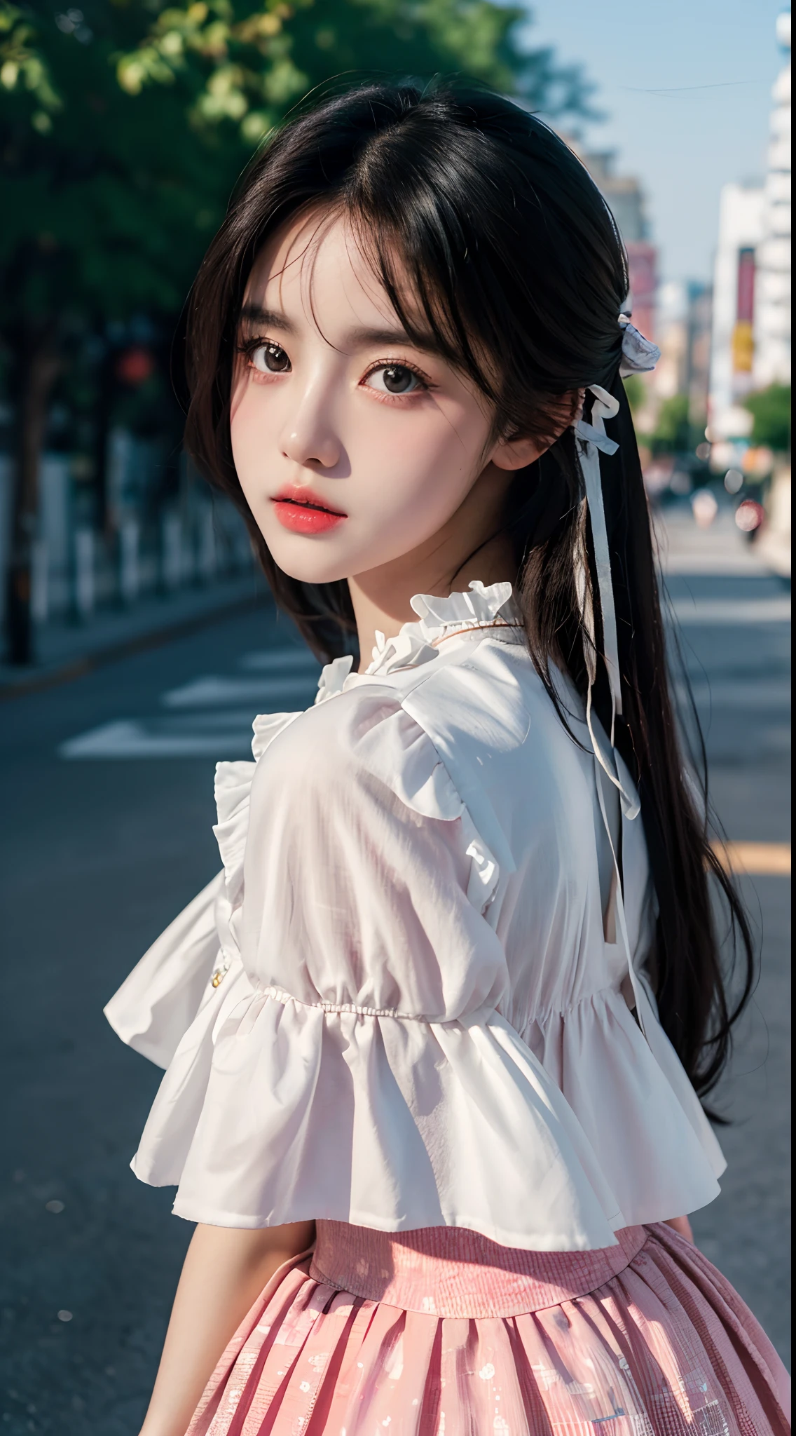 (Best quality,16k,High resolution photography:1.2), Lolita style, Wearing Lolita clothes, Korean and Japanese beautiful girls, Street background, Vibrant colors, Detailed eyes and lips, Ultra-fine painting, Sharp focus, Studio lighting