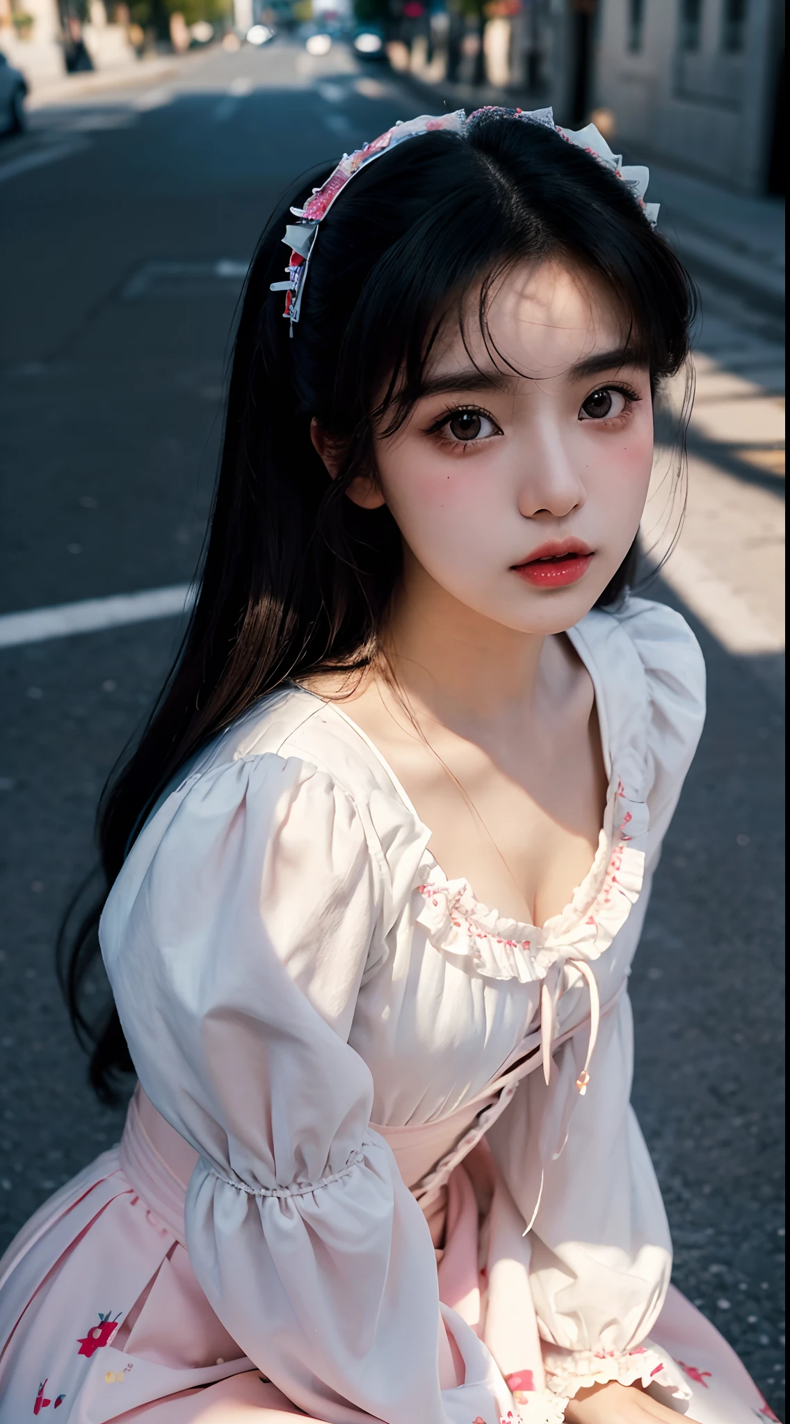 (Best quality,16k,High resolution photography:1.2), Lolita style, Wearing Lolita clothes, Korean and Japanese beautiful girls, Street background, Vibrant colors, Detailed eyes and lips, Ultra-fine painting, Sharp focus, Studio lighting