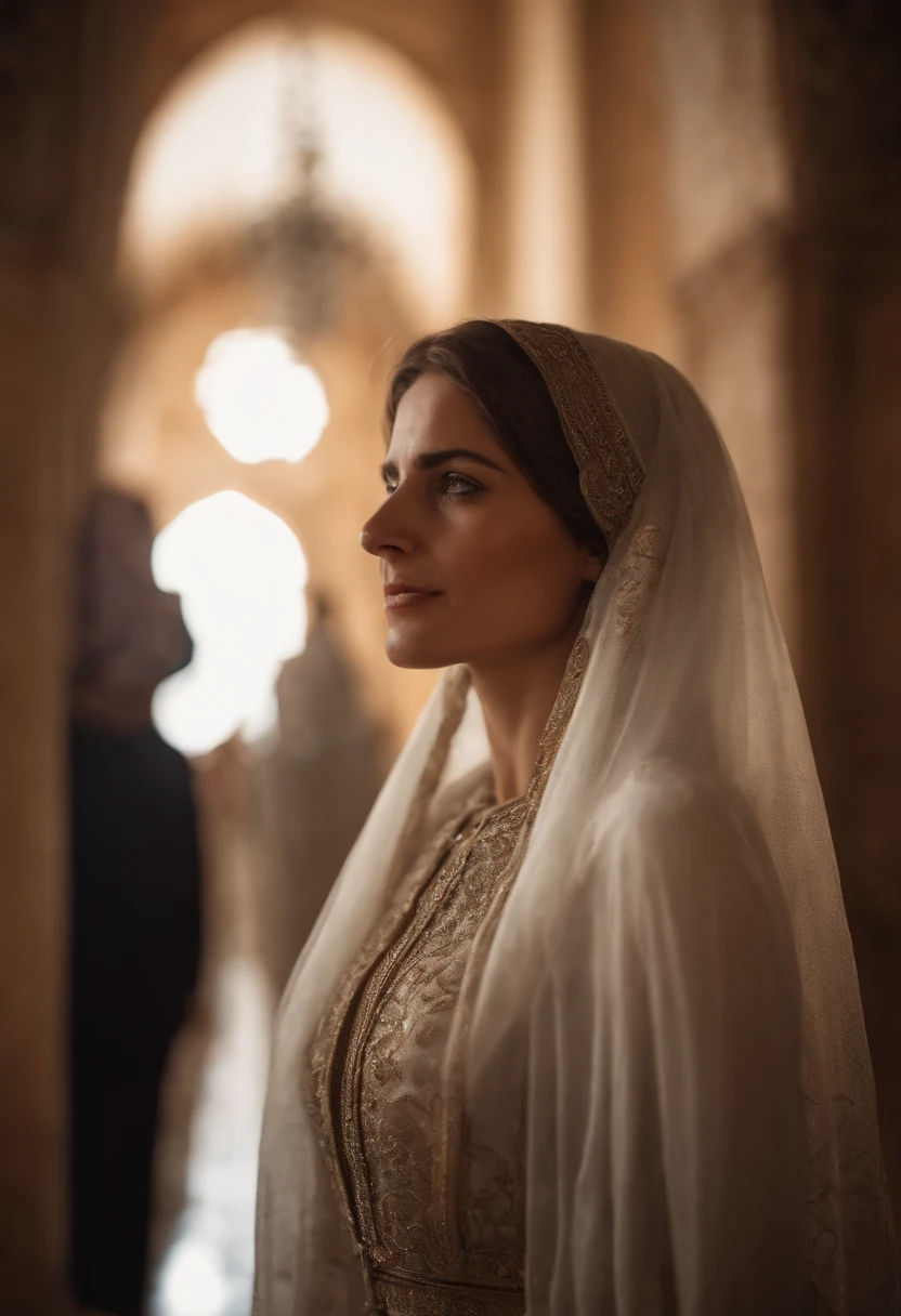 A veiled woman with white brown hair wearing a women's Islamic dress in the palaces of Andalusia looks forward