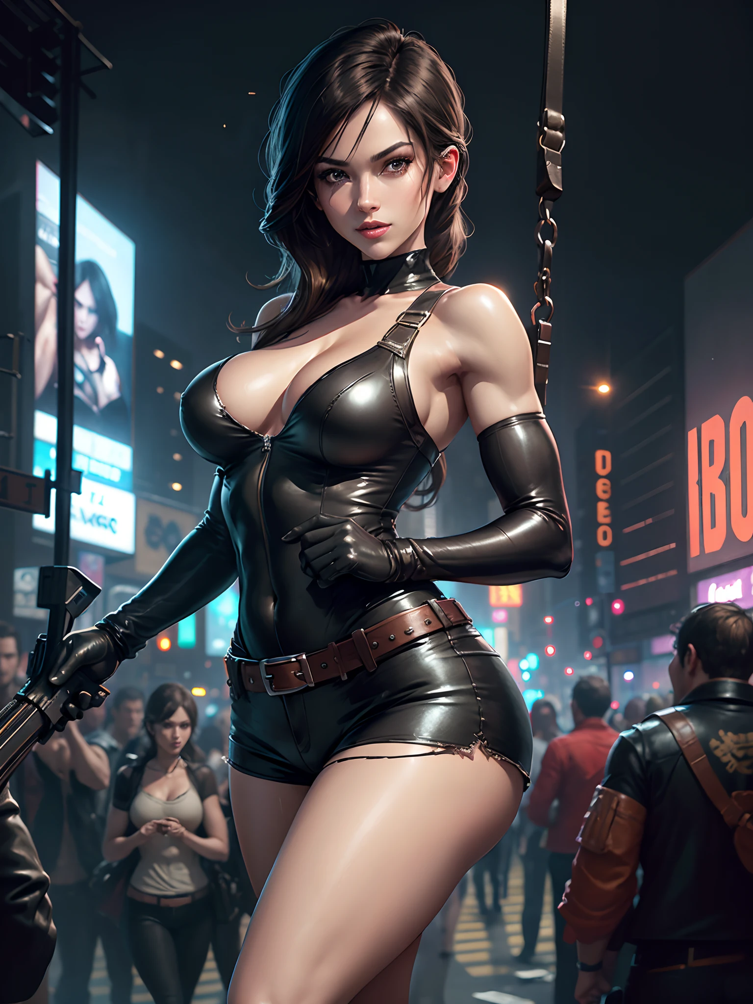 (New York: 1.3), (time square), (master piece,
best quality: 1.2)(zombies in the background: 1.2), Alice resident evil, 1 girl, only, long hair, breasts, smile, big breasts, brown hair, blue eyes, vest, big hair, blonde hair,
light hair, parted lips, Attire, Two-tone hair, open jacket, outlined lips, Black bodysuit, covered navel, makeup, muscular, headband, Abs, tight skin, tight black clothes, muscular female, dyed bangs,
black bodysuit, full bodysuit, (leather shorts and belt: 1.5), technological weapon, Looking at Viewer, (average breasts: 1.3),
(hanging breasts: 1.3), (full breasts: 1.3), (realism: 1.5), (Realisitc: 1.4), (Absurdity: 1.4), 8k, ultra-detailed, Detailed beautiful woman, (only: 1.4), 1girl, (Viewer facing:1.2),