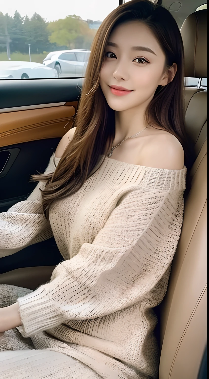 ((Best Quality, 8k, Masterpiece:1.3)), Focus:1.2, Perfect Body Beauty:1.4, Buttocks:1.2, ((Delicate Hair)), (Sweater Dress:1.1) , (Sports car, street: 1.2), Highly detailed face and skin texture, Detailed eyes, Double eyelids, whitening skin, Big breasts, smile, wearing necklaces, rings, people sitting in cars with their buttocks up,