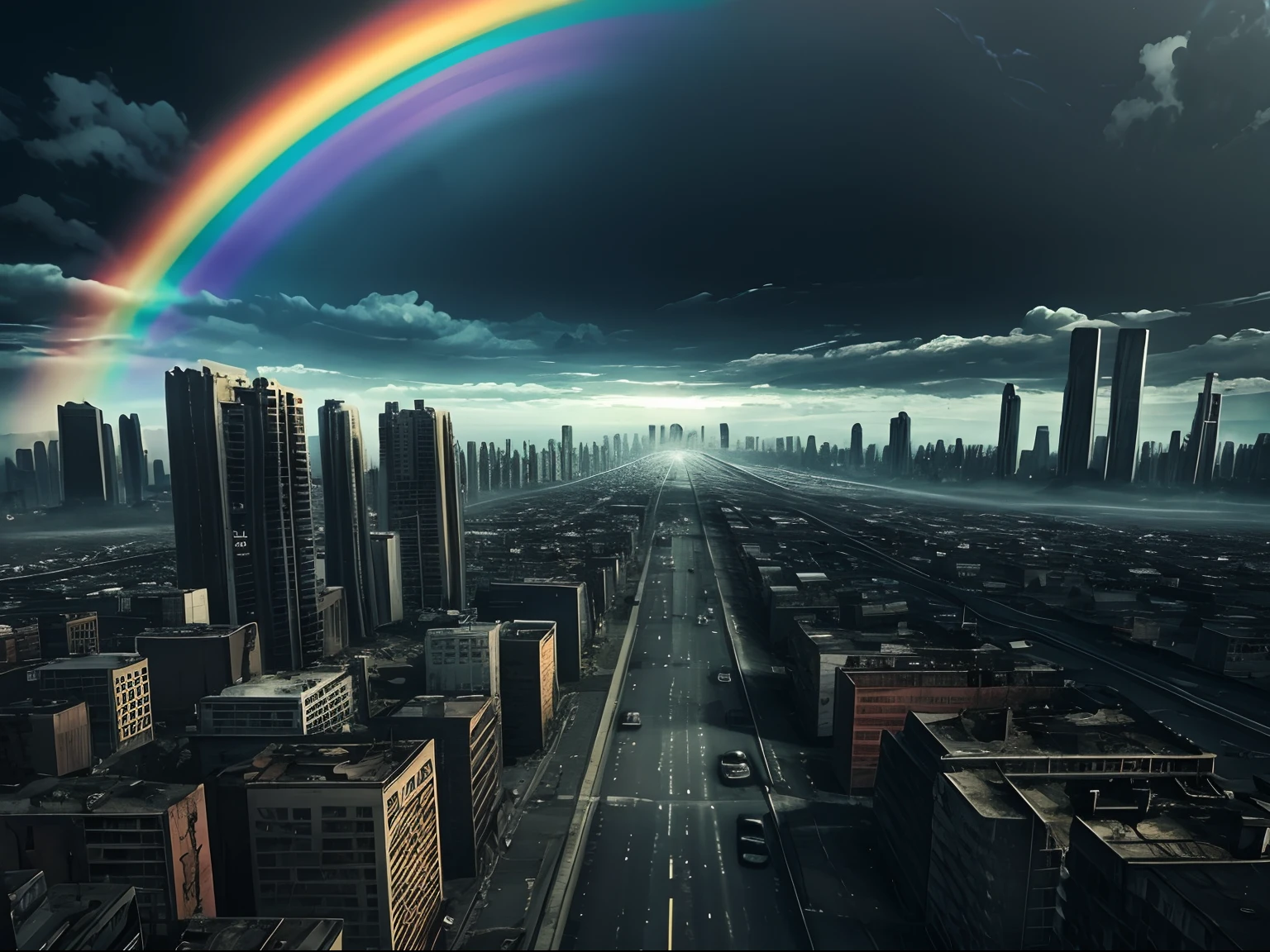 rainbow, horror, thriller, dreamlike, landscape, post apocalypse city, fine weather, cloudless, monotone