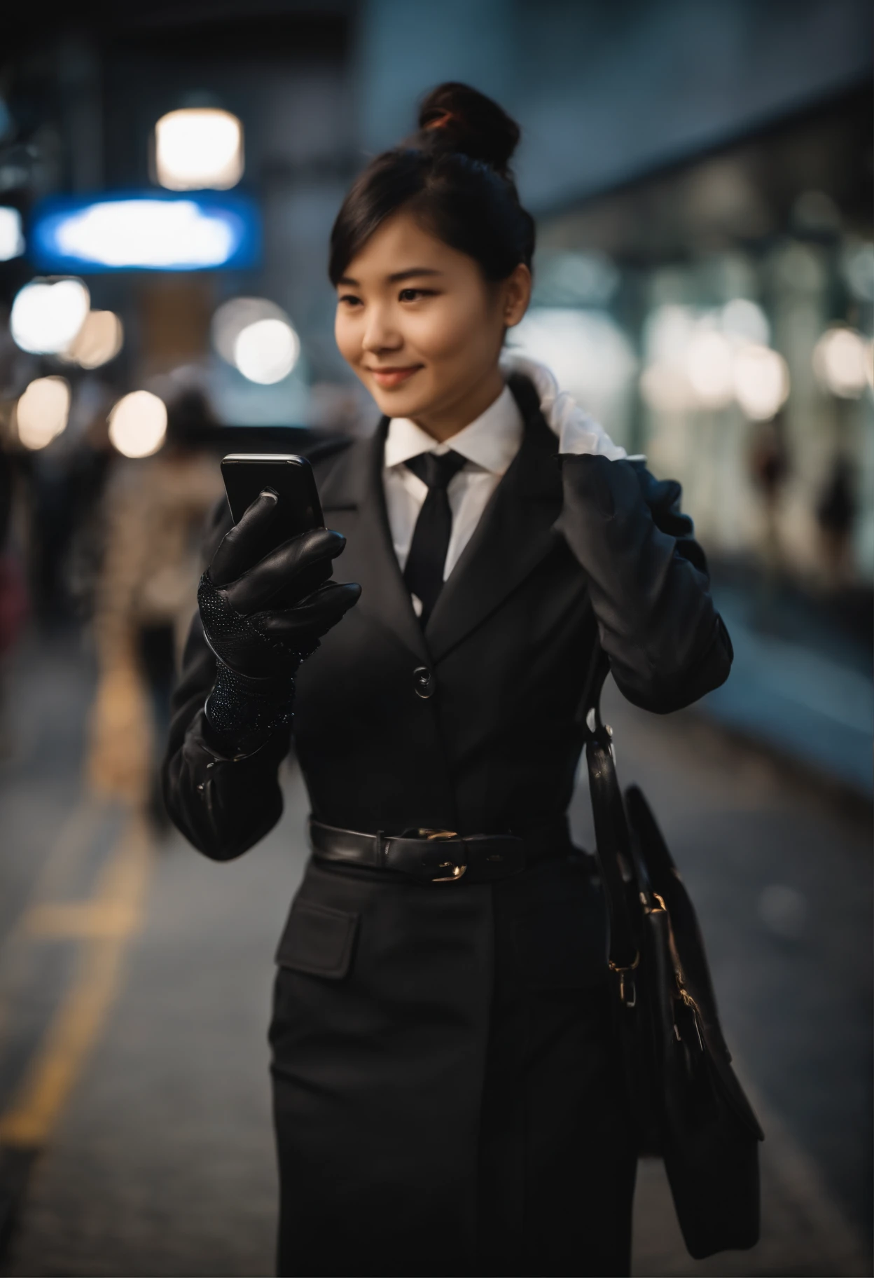 Black leather gloves in both hands, blazer and ribbon uniform, black hair ponytail, upper body, conversation with a smile with a black smartphone, cute Japanese girl (black leather gloves covering both hands) traveling alone