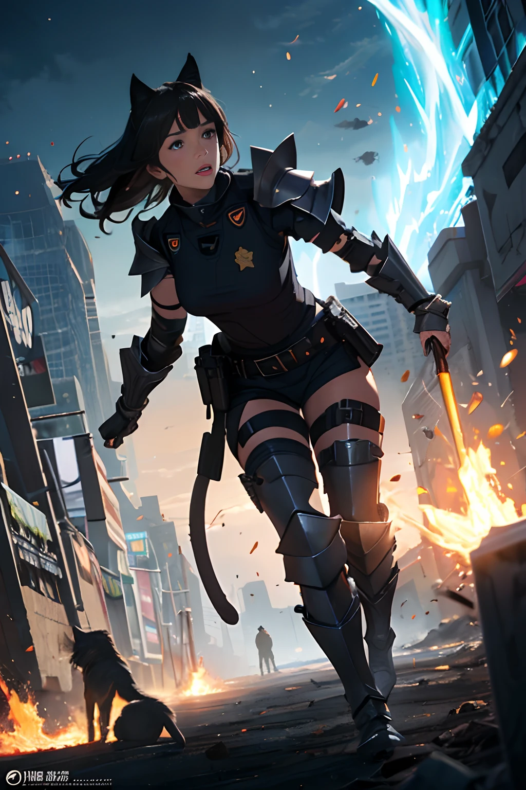 future wasteland style digital concept art, 1 cat girl, 28yo, cat ears, (cat tail on hip), Felina Feral, Holding assembled sub machine gun, Wearing blue grey swat police riot armor, The right shoulder armor with Spike, black groves, black boots, rim-light, extremely detailed, dynamic angle, dynamic motion, fire,,、,mithra