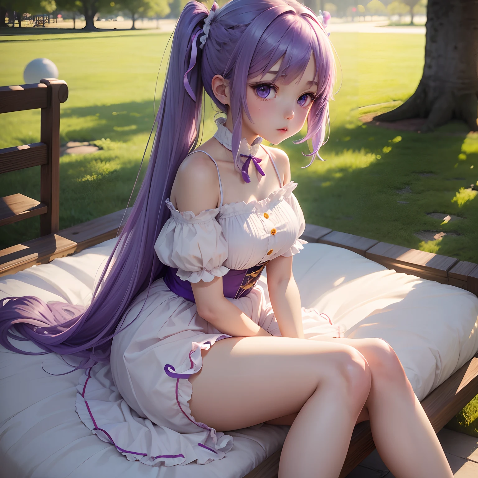 tmasterpiece,Need,Spring dress,Colored hair,exteriors,spread their legs,Sit on a bench,nakeness,Perfect female body structure,