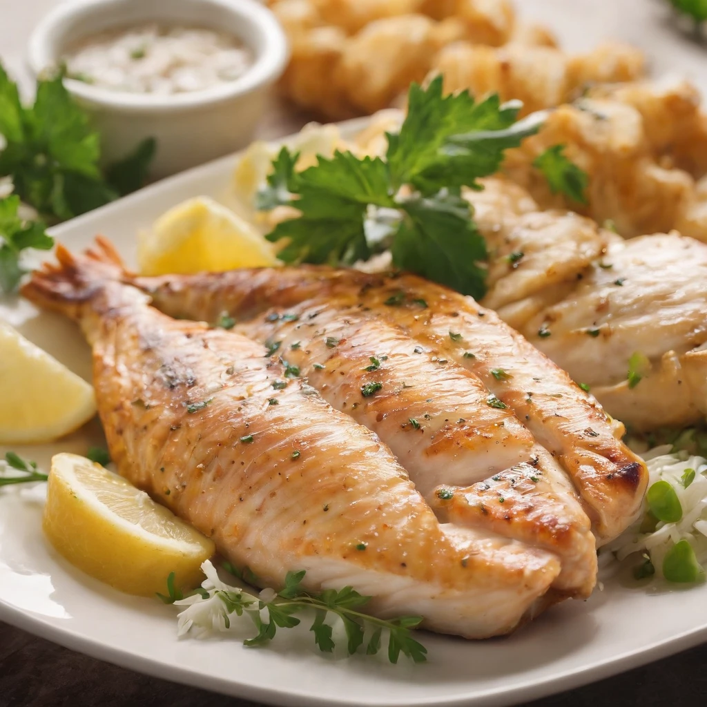 Combining fish and chicken in one dish, high detailed, photography, extremely detailed, food, dish, delicious, yummy, grilled chicken-fish,