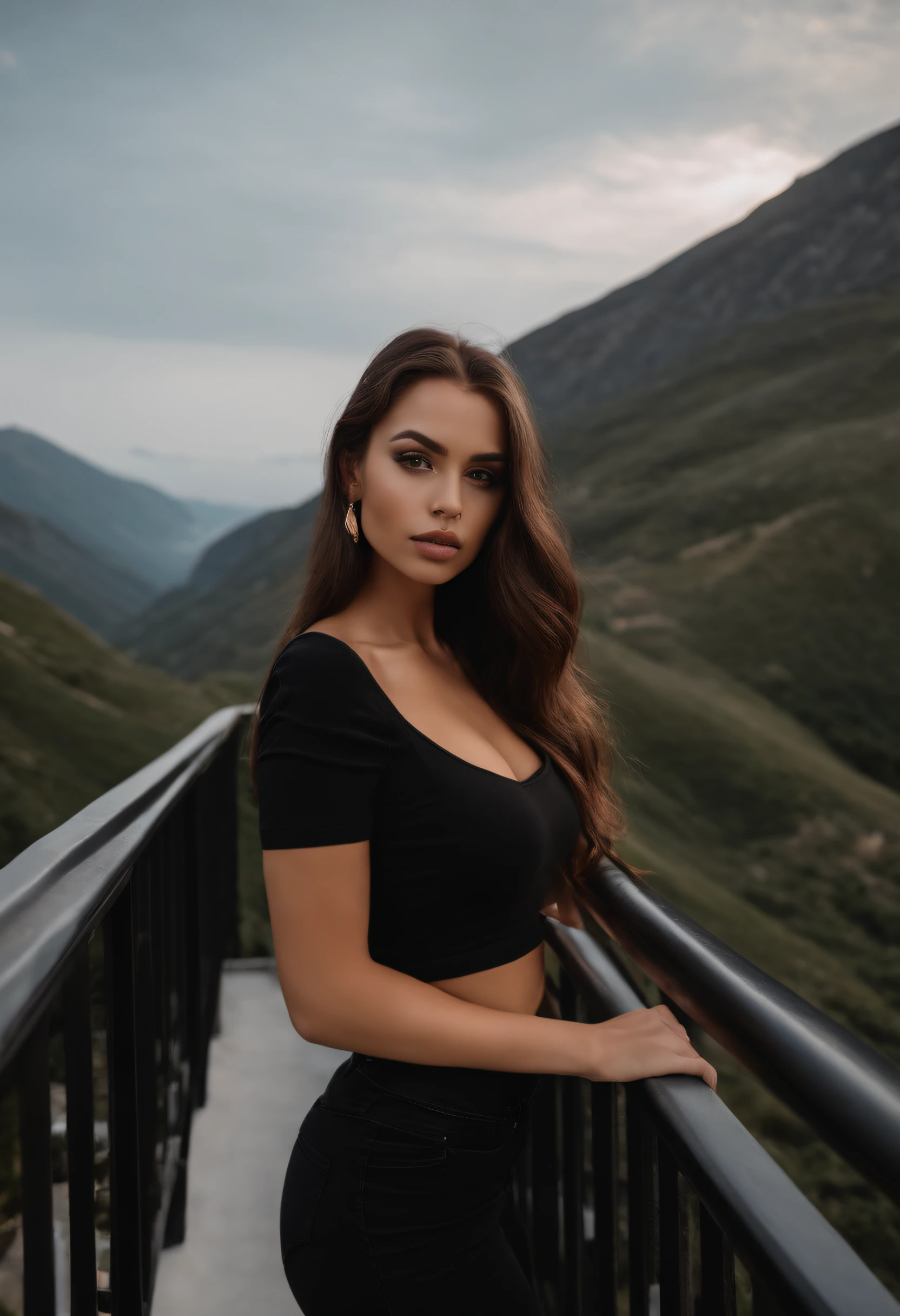 arafed woman with black clothes, sexy girl with brown eyes, portrait sophie mudd, brown long hair and siren eyes, selfie of a young woman, bedroom eyes, violet myers, without makeup, natural makeup, looking directly at the camera, face with artgram, subtle makeup, stunning full body shot, on a balcony having mountains behind her, cleavage, medium lips with brown shade,