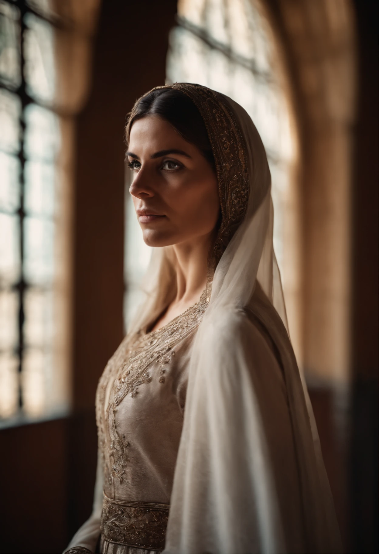 A veiled woman with white brown hair wearing a women's Islamic dress in the palaces of Andalusia looks forward