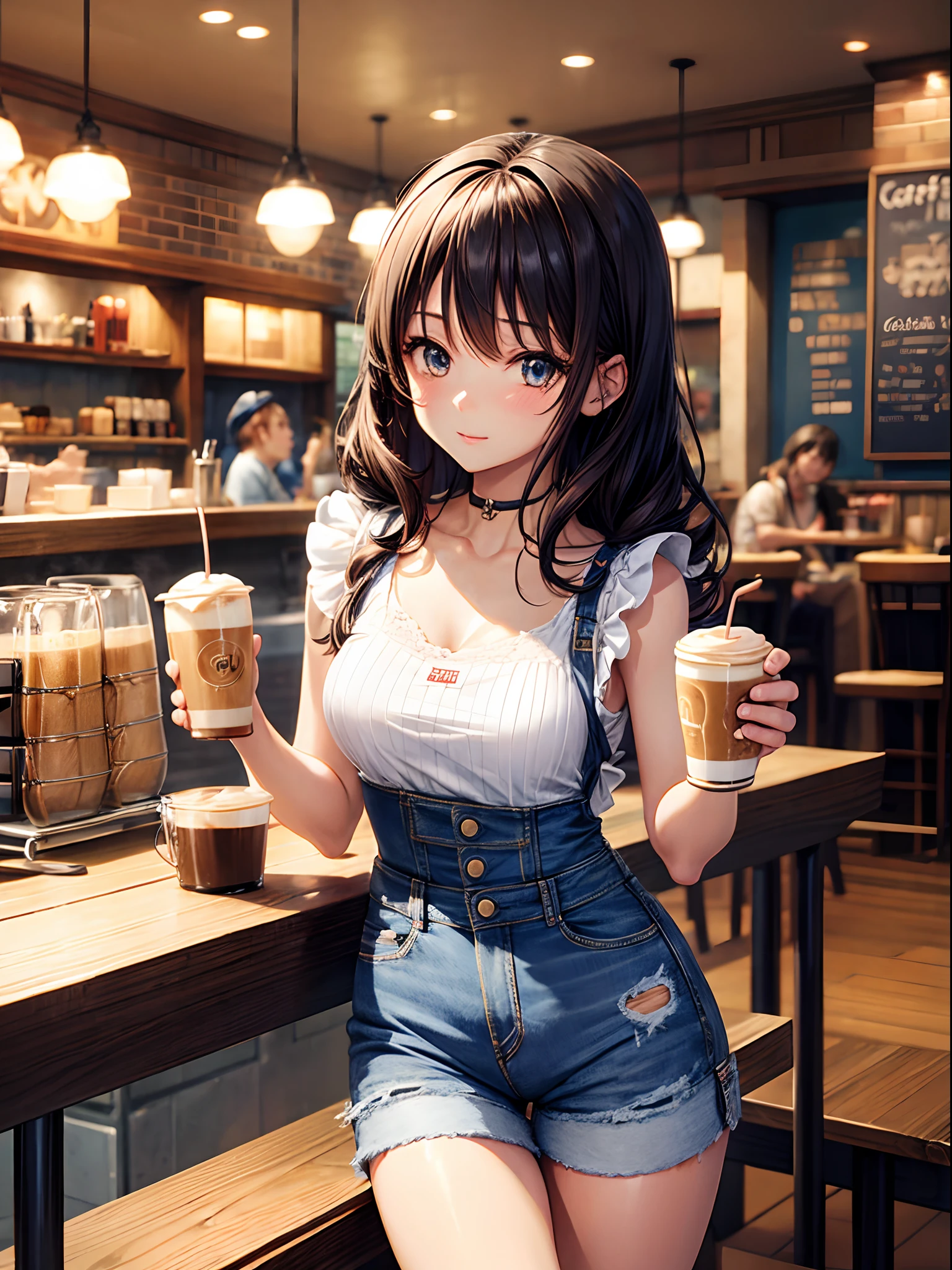 Anime girl, denim shorts, (((cafe))), drinking coffee